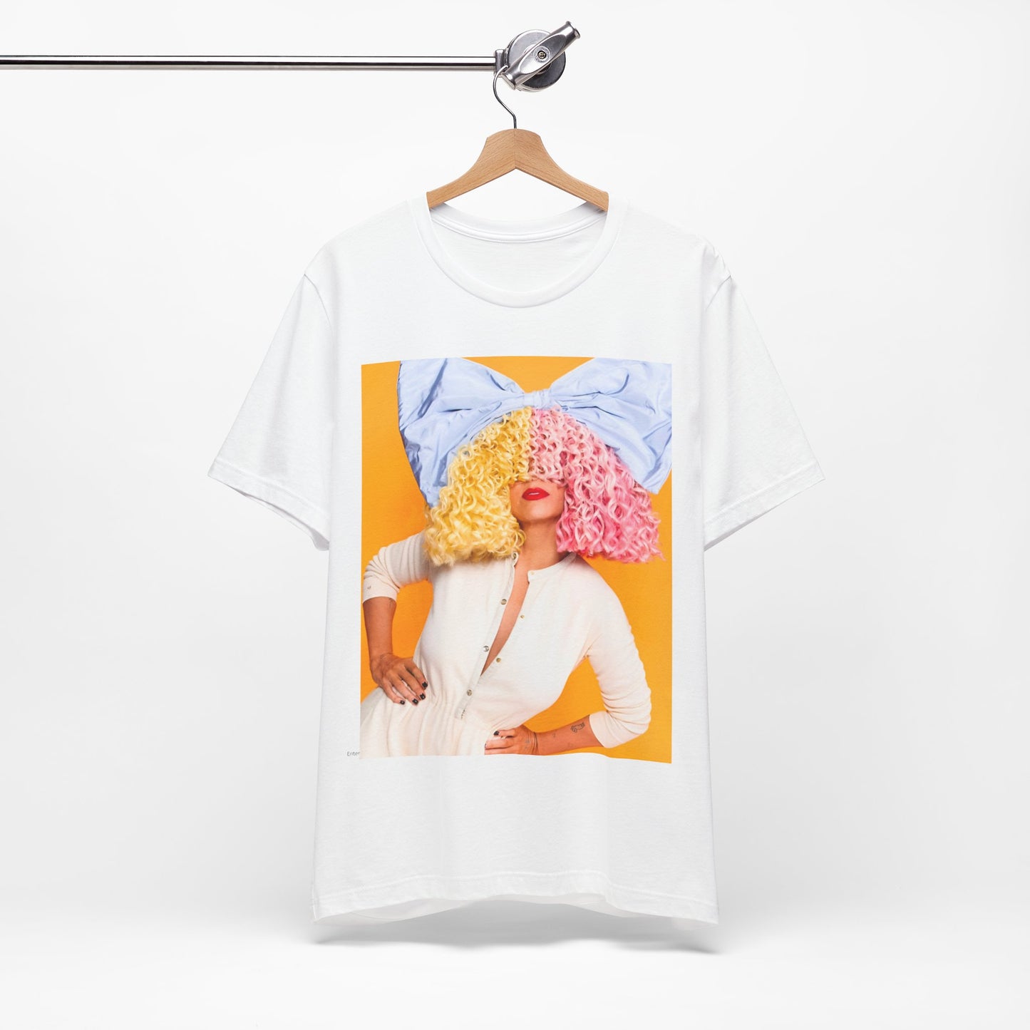 A black graphic t-shirt featuring a chill indie pop graphic of Sia.