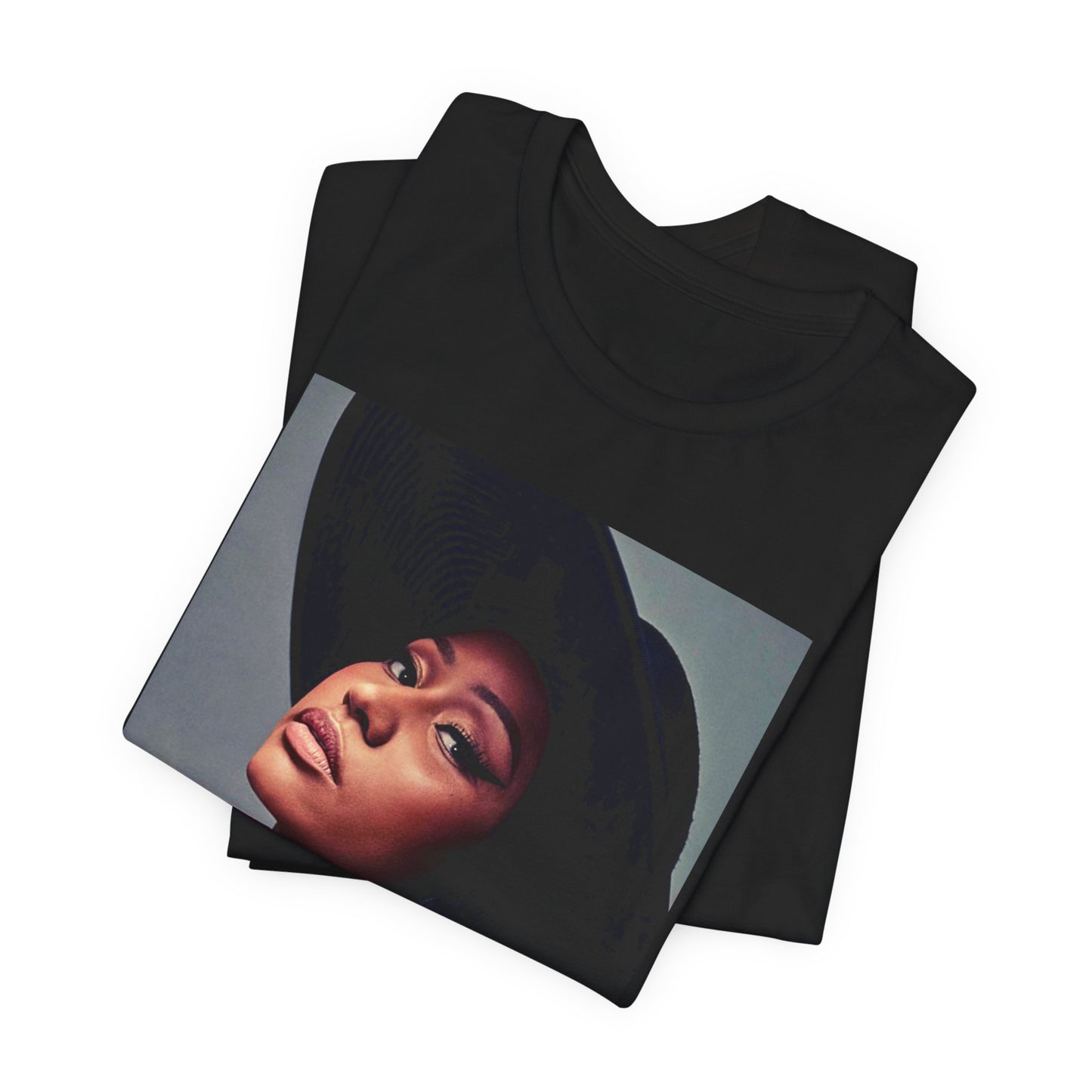 A black graphic t-shirt featuring a graphic of Nicki Minaj as a streetwear icon.