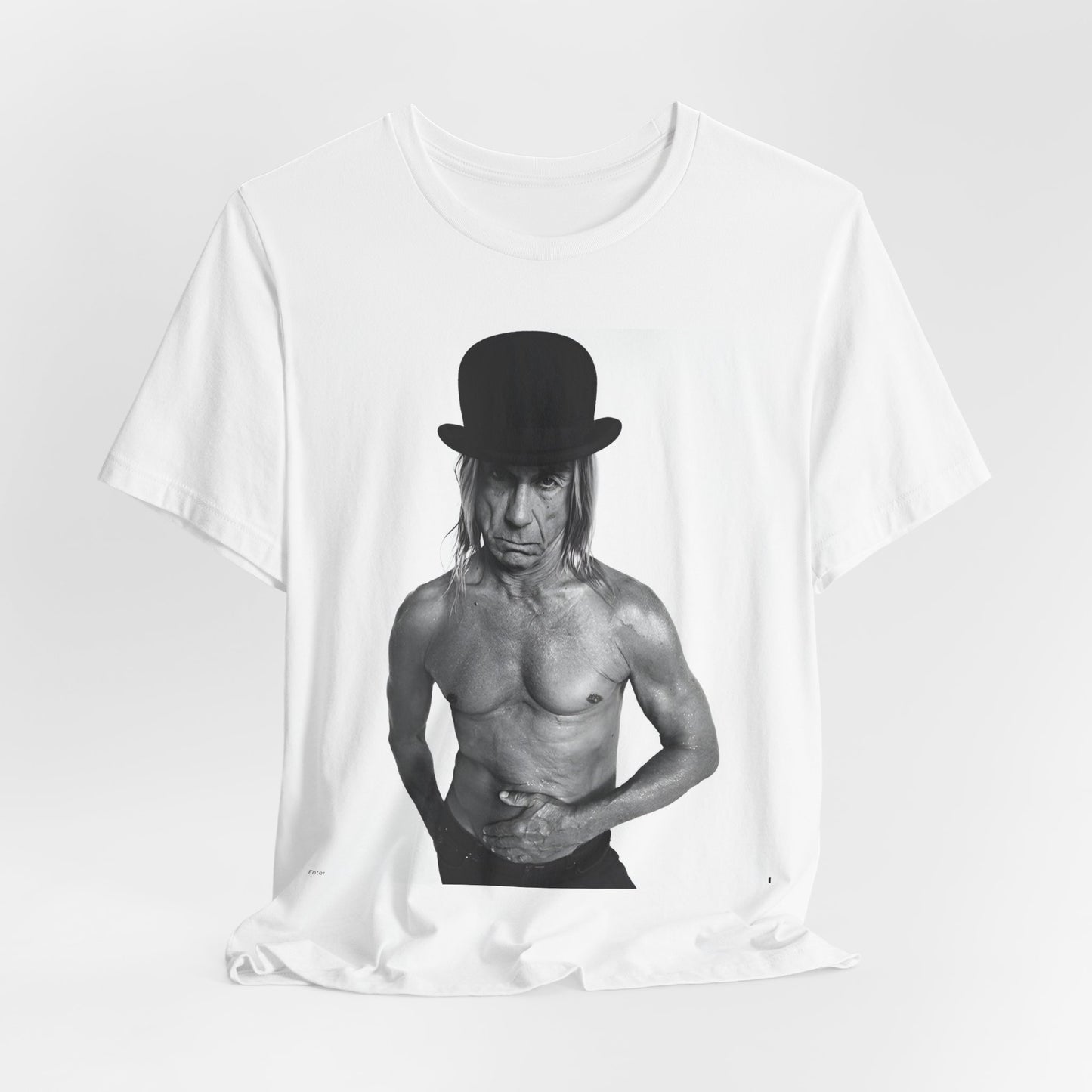 A black graphic t-shirt featuring a black and white photo of Iggy Pop wearing a hat.