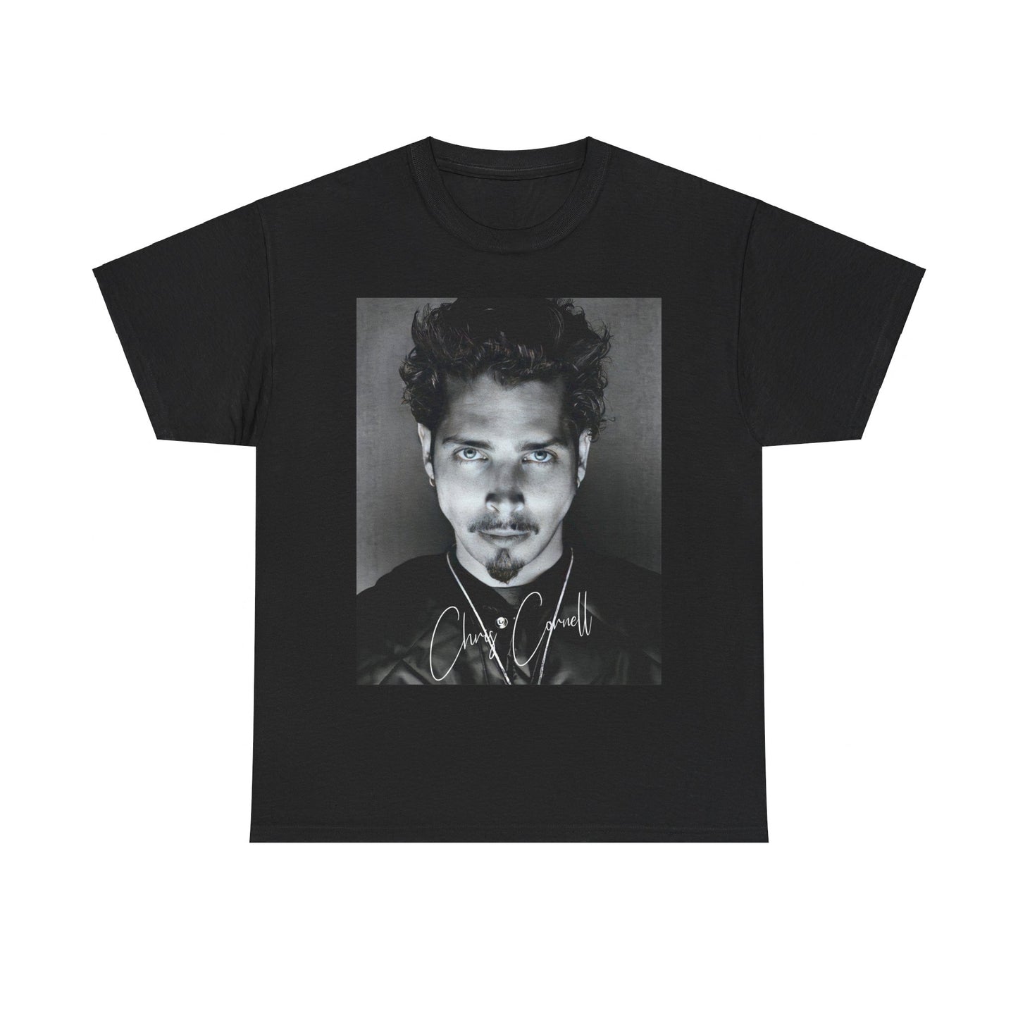 A black graphic t-shirt featuring a retro graphic inspired by Soundgarden's 'Black Hole Sun' and Chris Cornell.