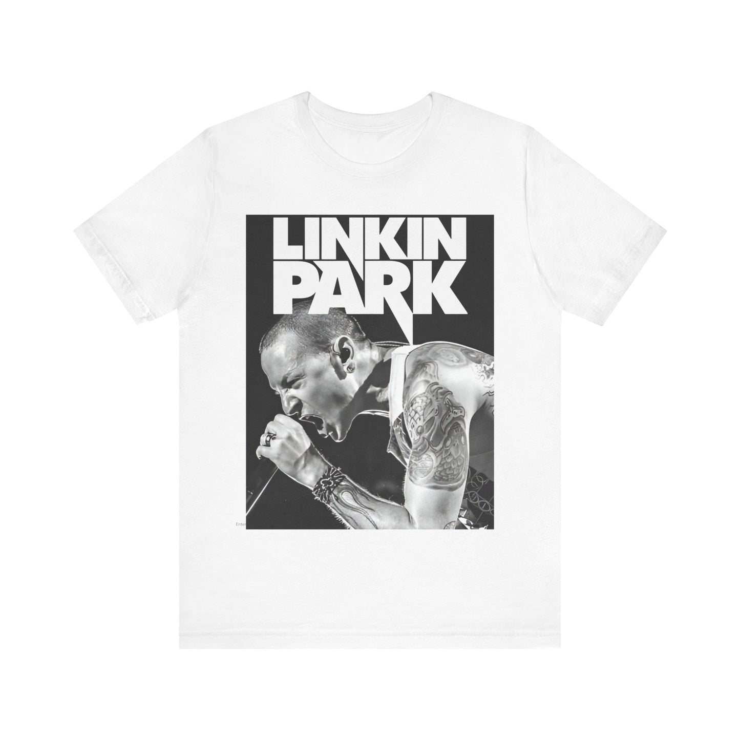 A black graphic t-shirt featuring a black and white graphic or photo portrait of Chester Bennington from Linkin Park.