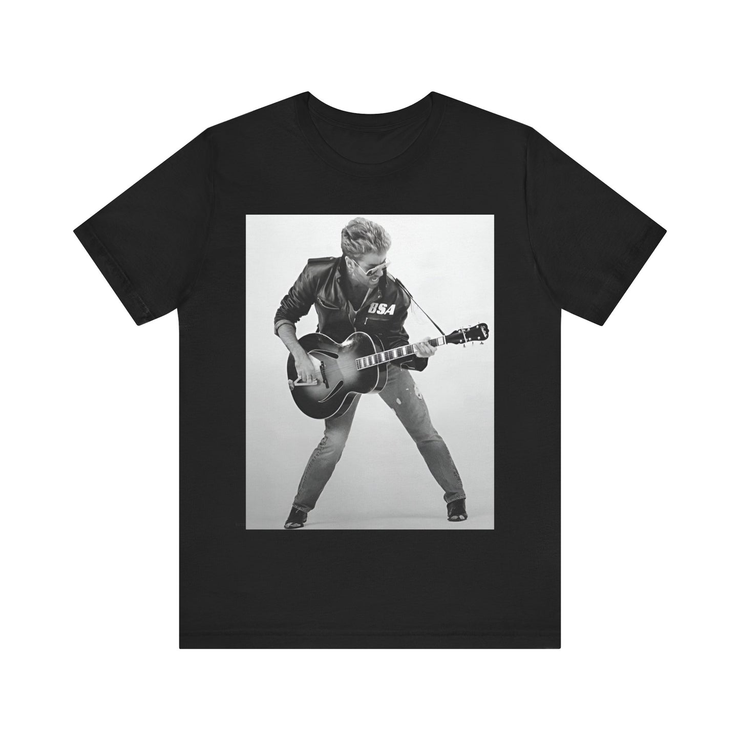 A black graphic t-shirt featuring a graphic of George Michael with a guitar.