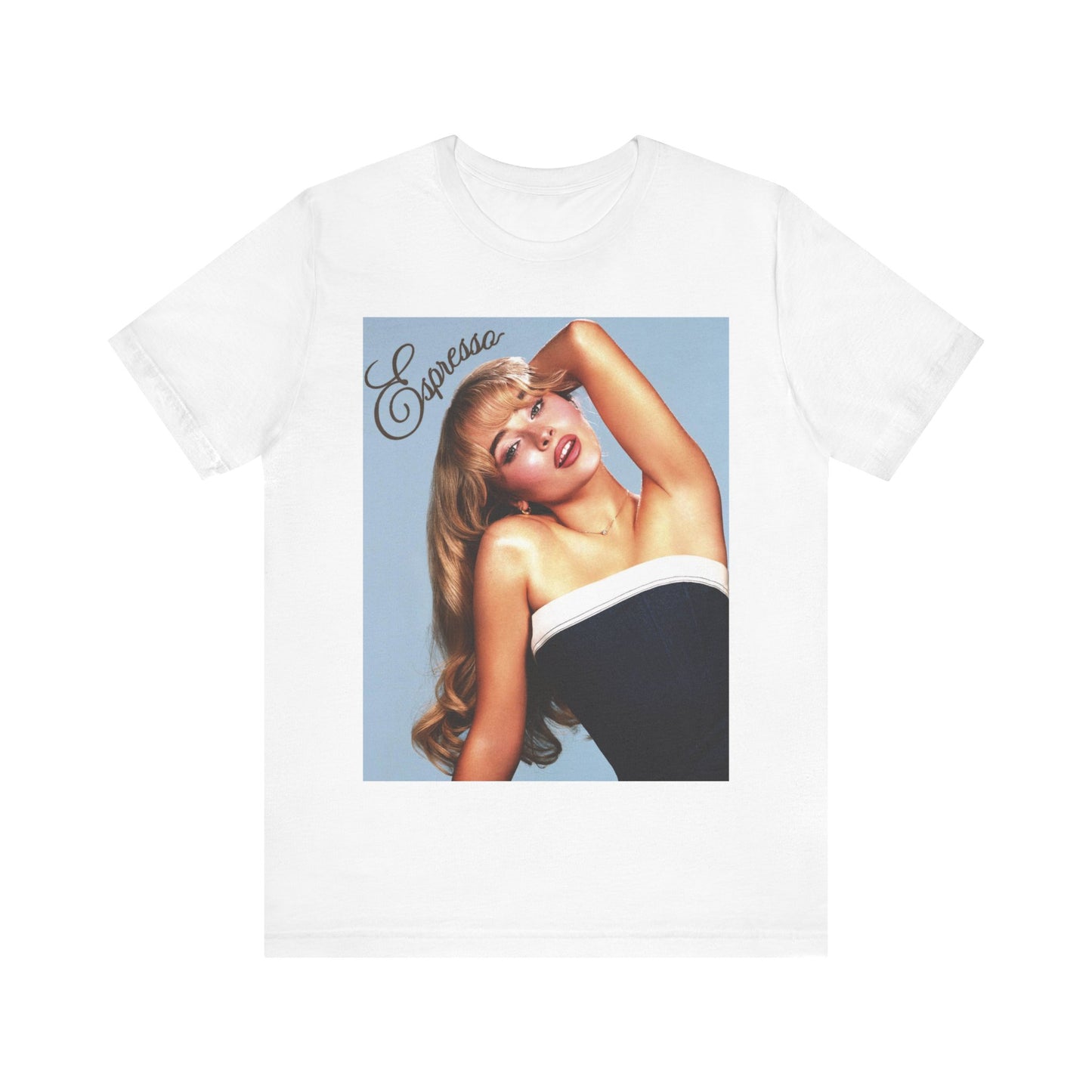 A black graphic t-shirt featuring a graphic related to Sabrina Carpenter's 'Espresso' song.