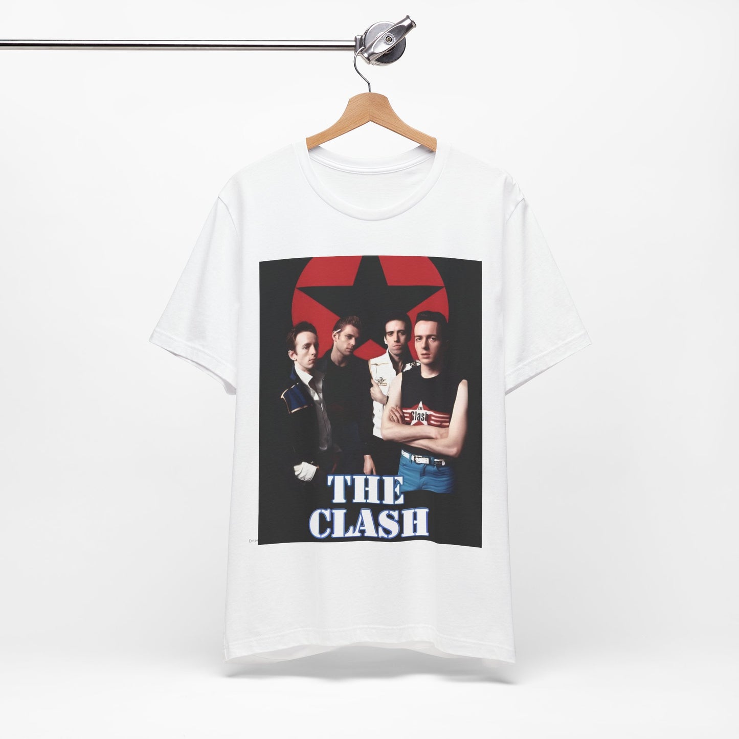 A black graphic t-shirt featuring a graphic related to The Clash's 'Should I Stay or Should I Go' song or era.