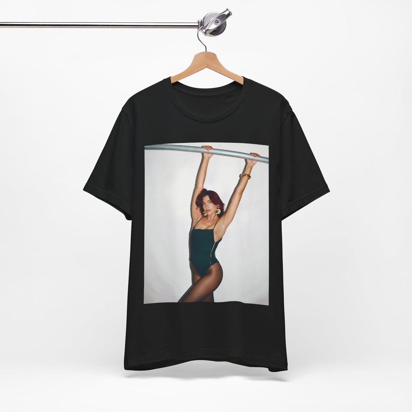 A black graphic t-shirt featuring a graphic related to Dua Lipa's "Levitating" song or era.