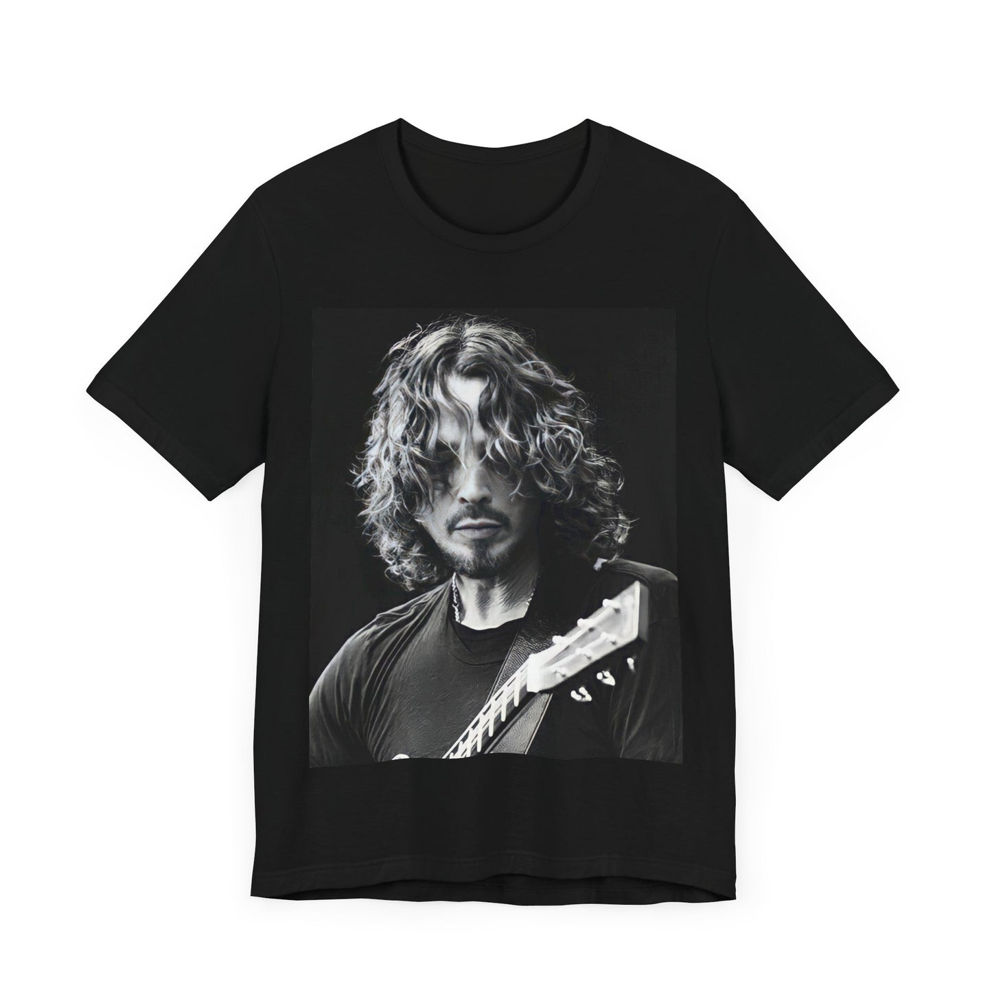A black graphic t-shirt featuring a graphic of Chris Cornell performing live on tour in the 1990s.
