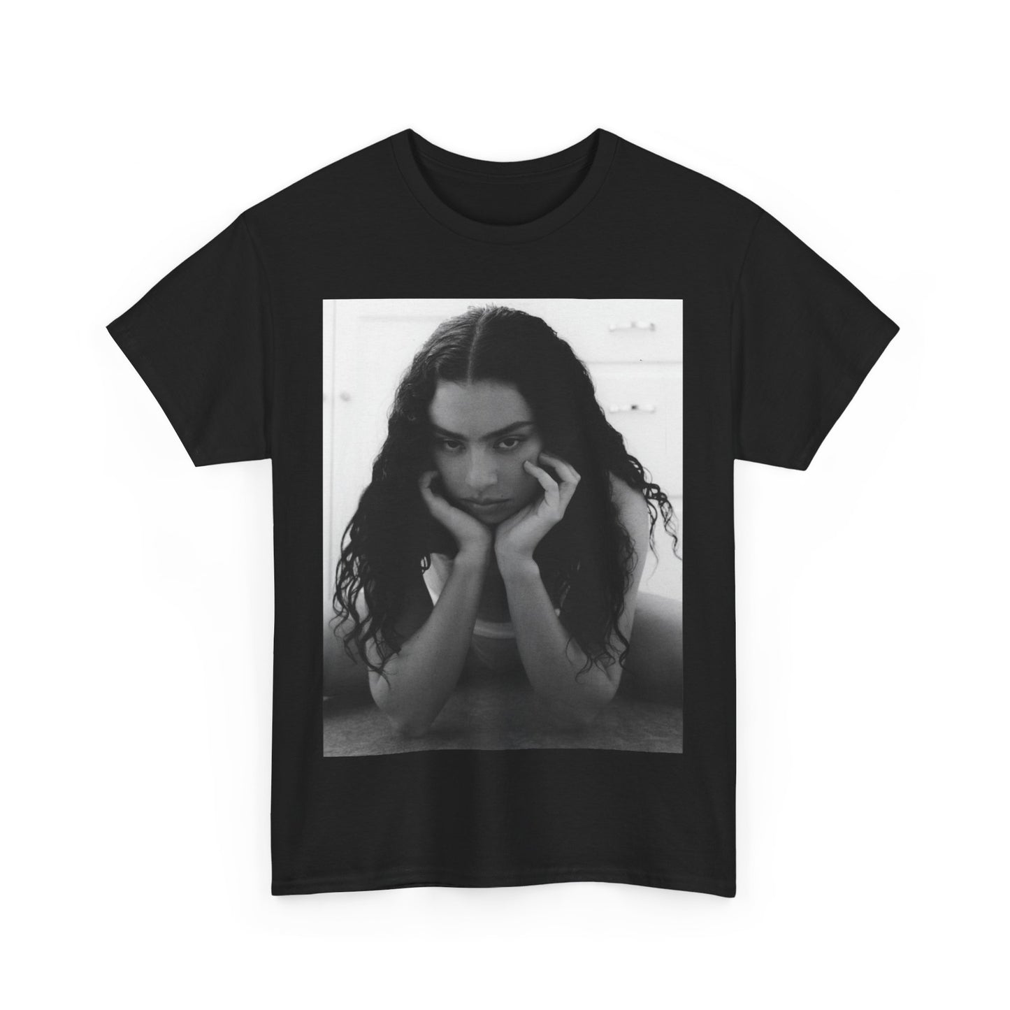 A black graphic t-shirt featuring a black and white, monochrome graphic or photo of Charli XCX.