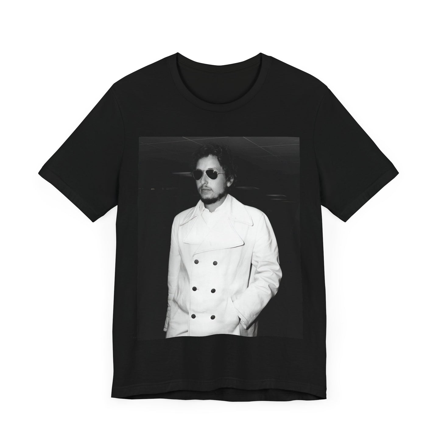 A black graphic t-shirt featuring a vintage black and white photo of Bob Dylan in a contemplative or iconic pose.