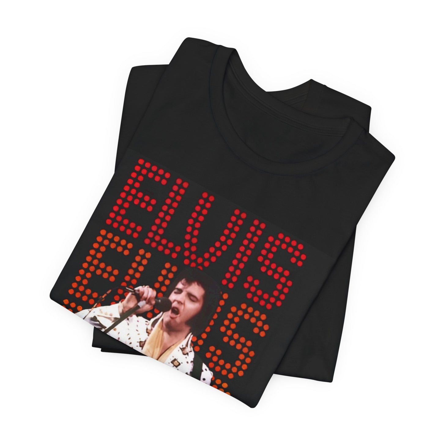 A black graphic t-shirt featuring a graphic related to Elvis Presley's '68 Comeback Special'.