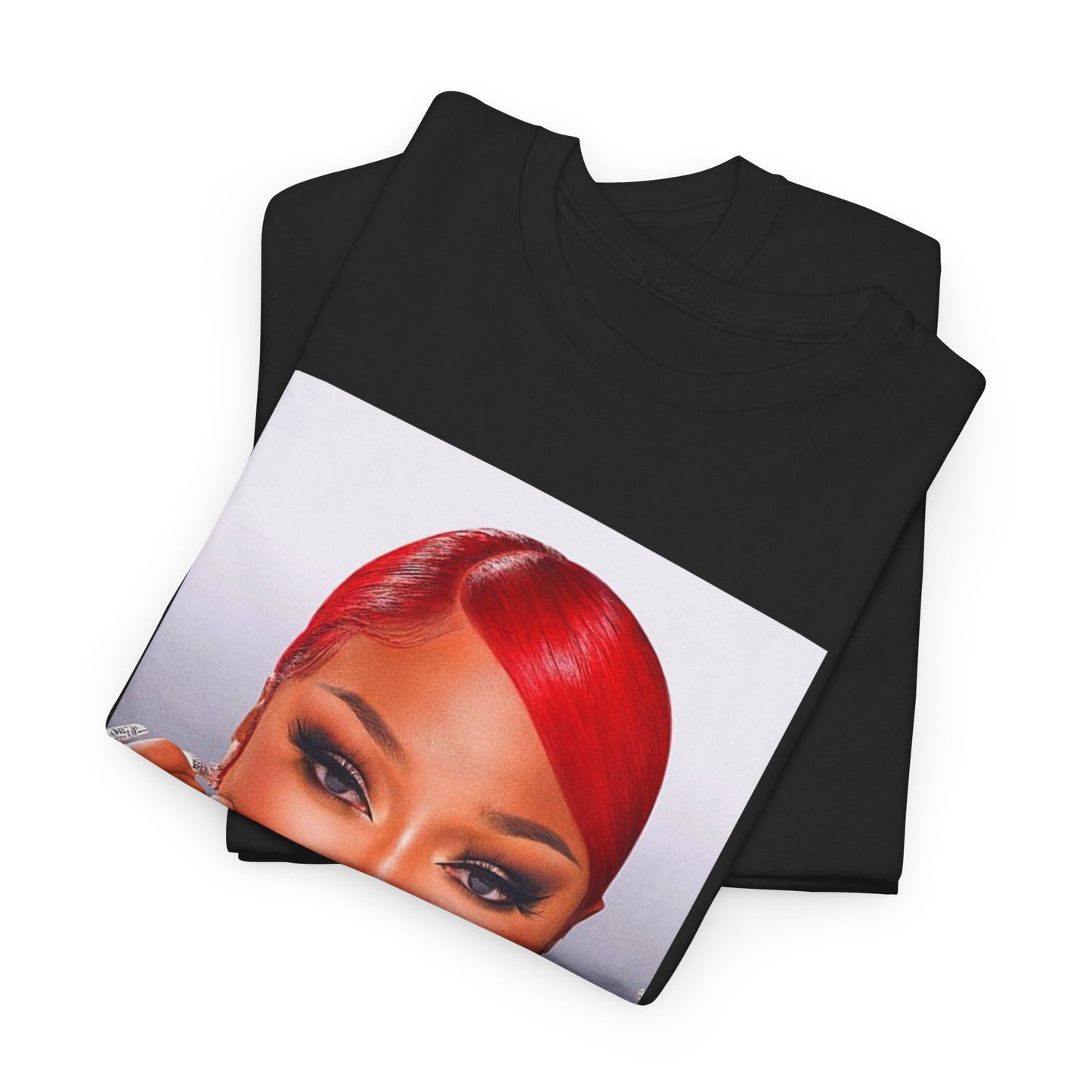 A black graphic t-shirt featuring a bold graphic of Megan Thee Stallion as a rap superstar.