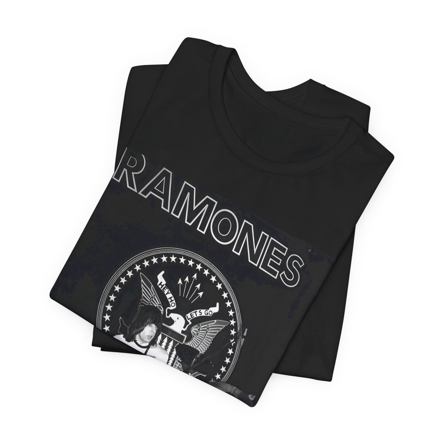 A black graphic t-shirt featuring a graphic of the Ramones with a cool NYC punk scene aesthetic.