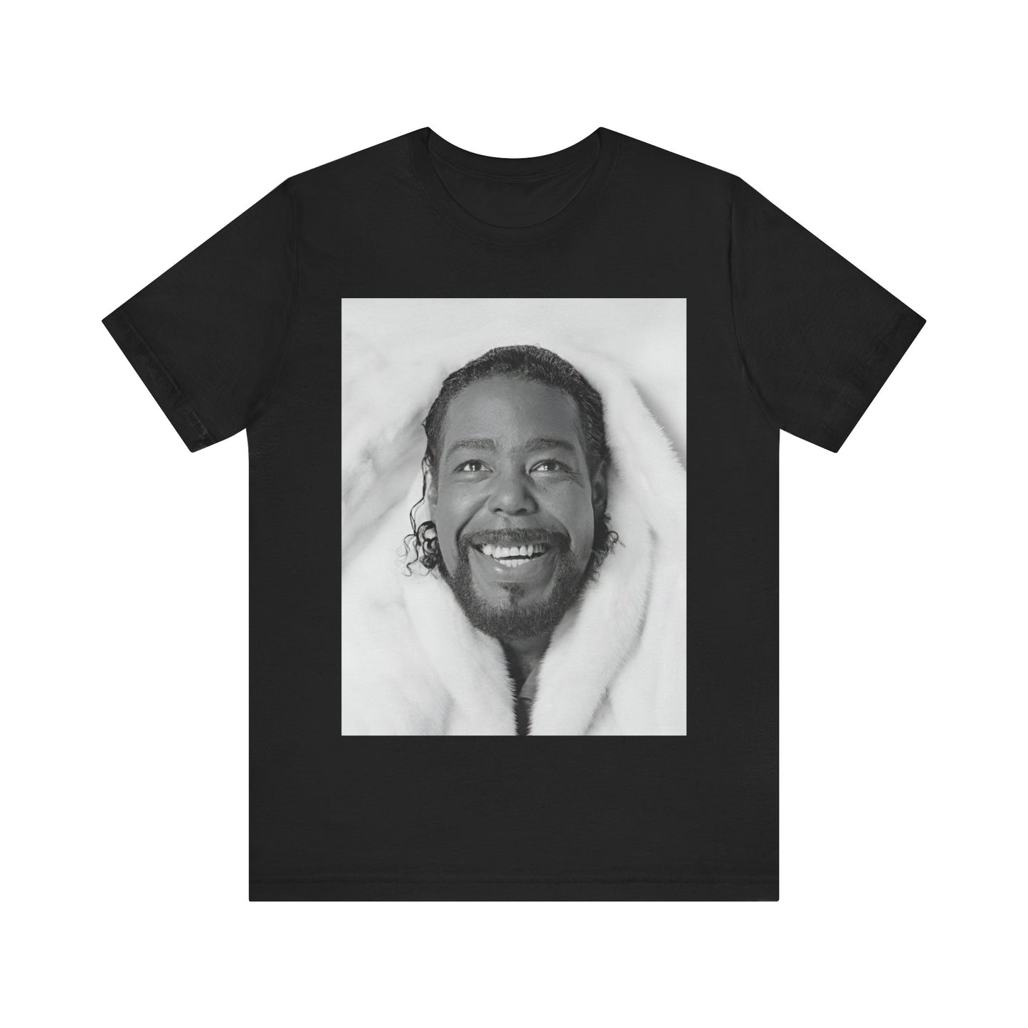 A black graphic t-shirt featuring a retro 70s-style graphic of Barry White as a soul icon.