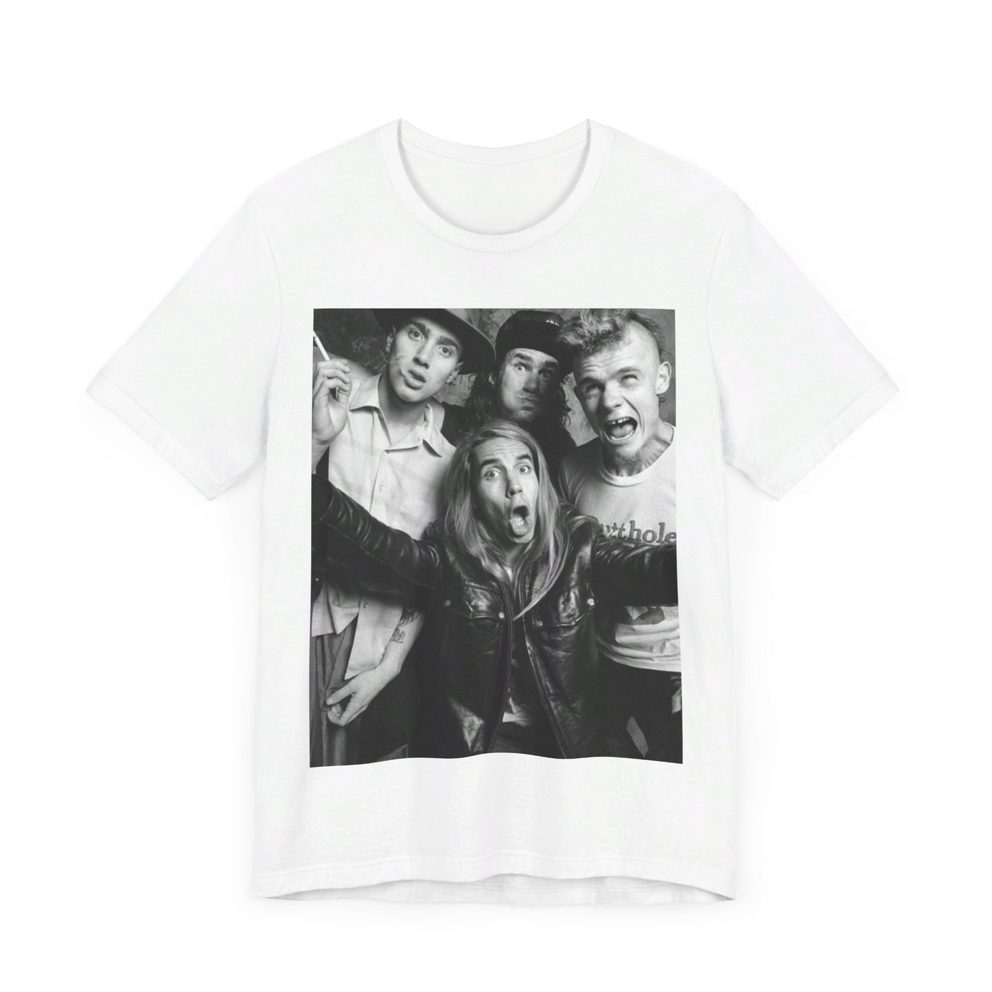 A black graphic t-shirt featuring an early days energy graphic of Red Hot Chili Peppers.