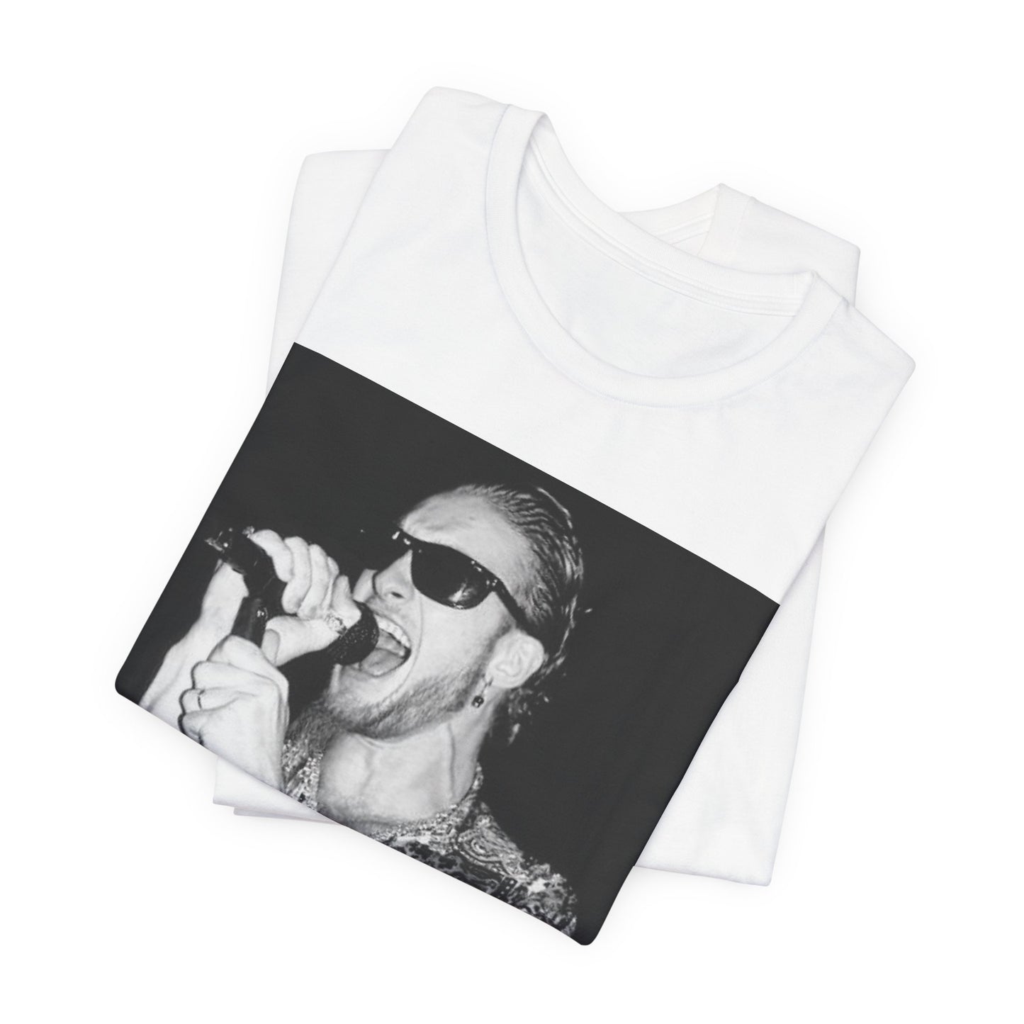 A black graphic t-shirt featuring an iconic black and white portrait photo of Layne Staley from Alice In Chains, showing his distinctive look.