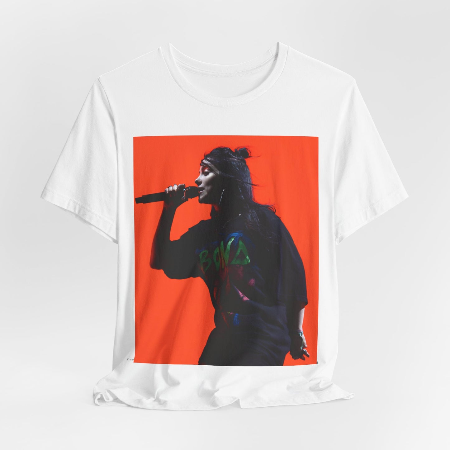 The official 'Blohsh' stick figure logo of Billie Eilish, printed in a single color on a graphic t-shirt.