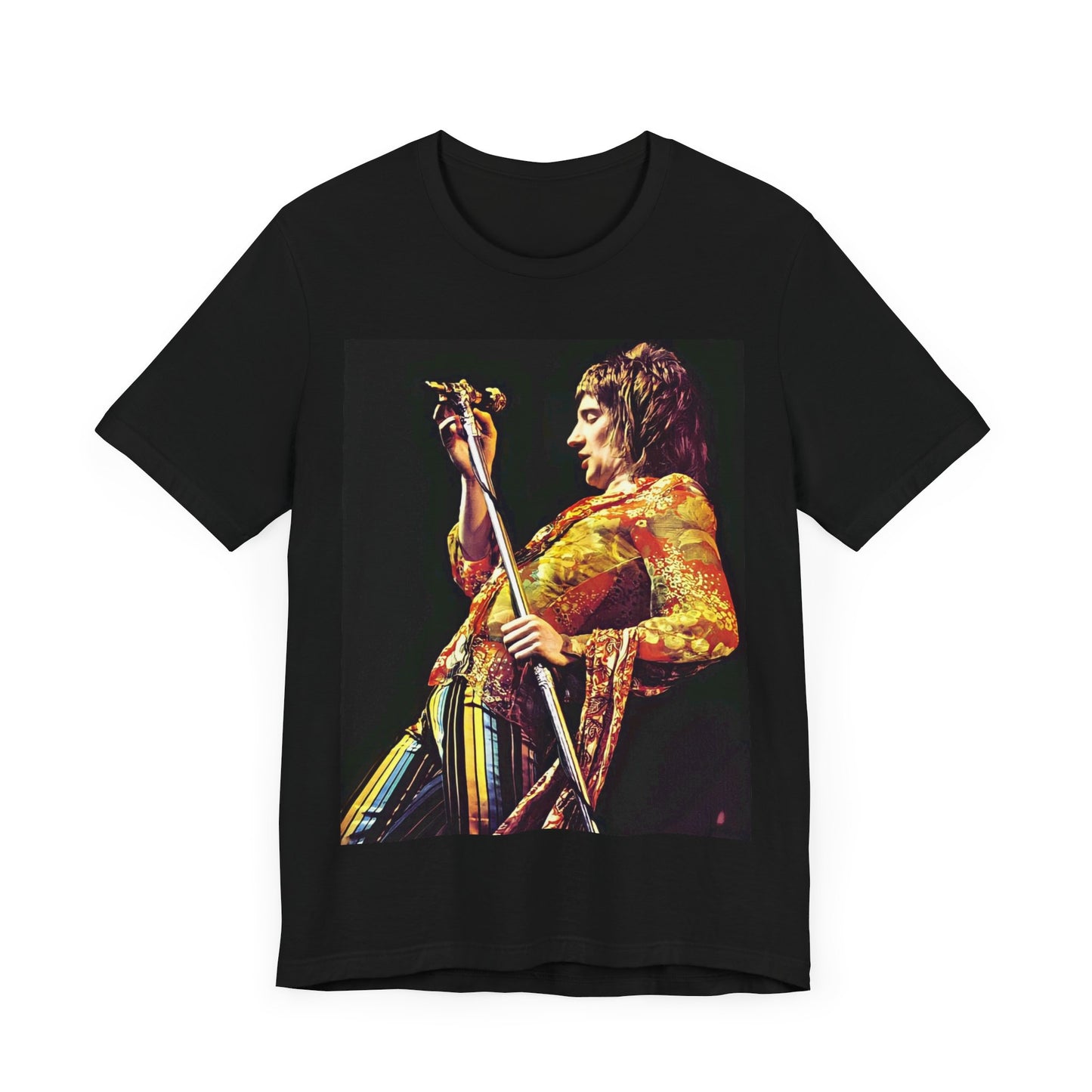 A black graphic t-shirt featuring a retro 70s graphic or photo of Rod Stewart performing live on stage.