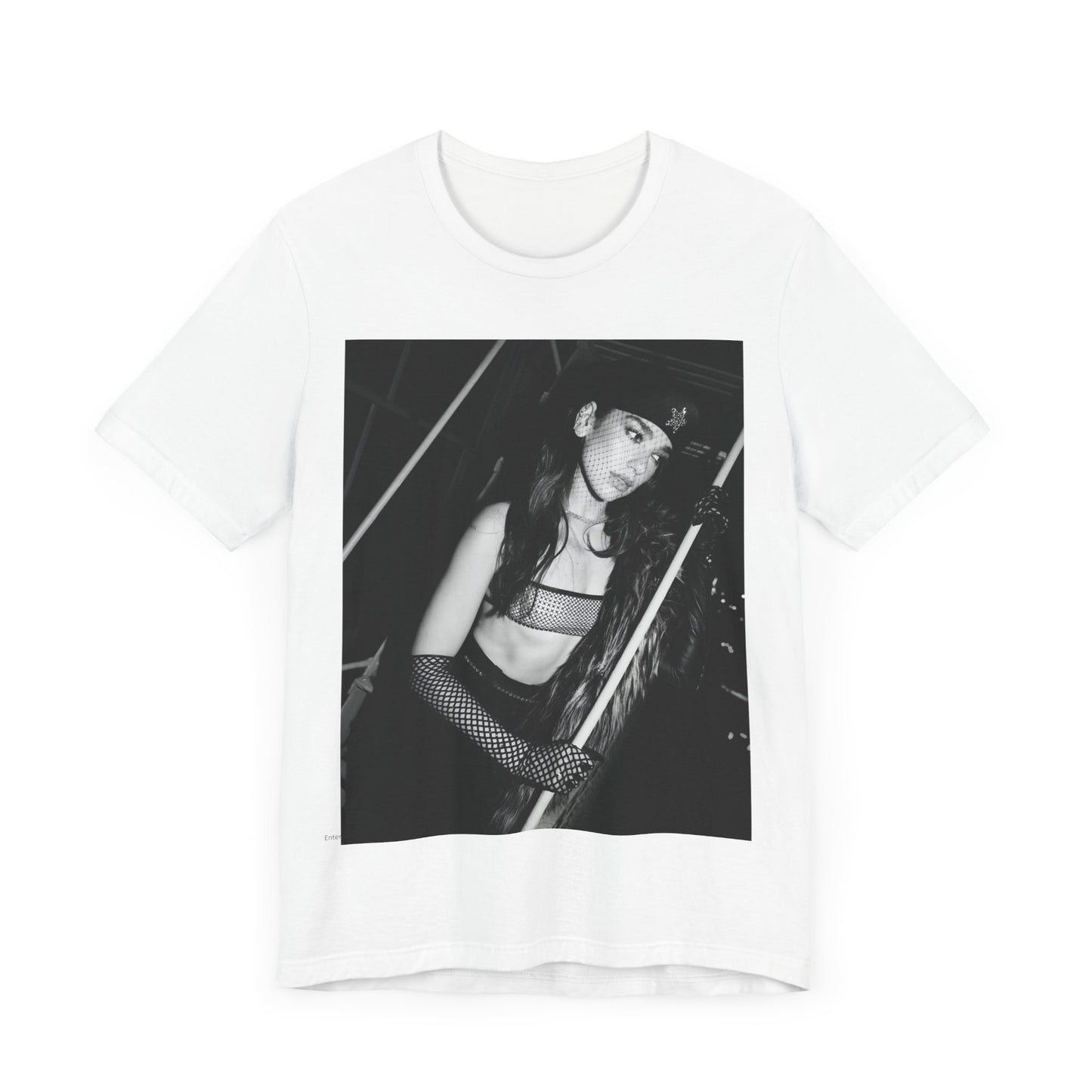 A black graphic t-shirt featuring a black and white, monochrome graphic or portrait of Dua Lipa.