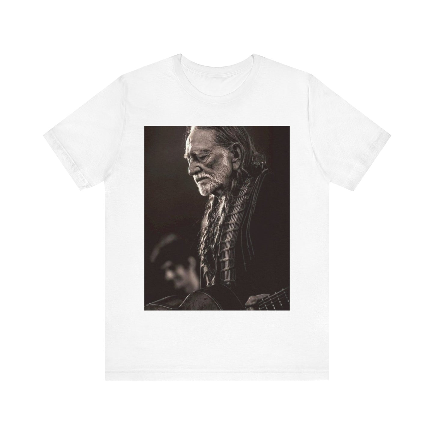 A black graphic t-shirt featuring a vintage country legend graphic of Willie Nelson.