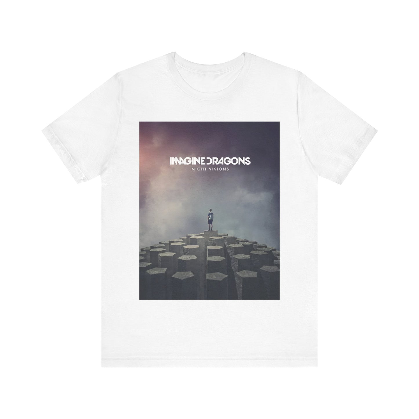 A black graphic t-shirt featuring a graphic related to Imagine Dragons' 'Night Visions' album.
