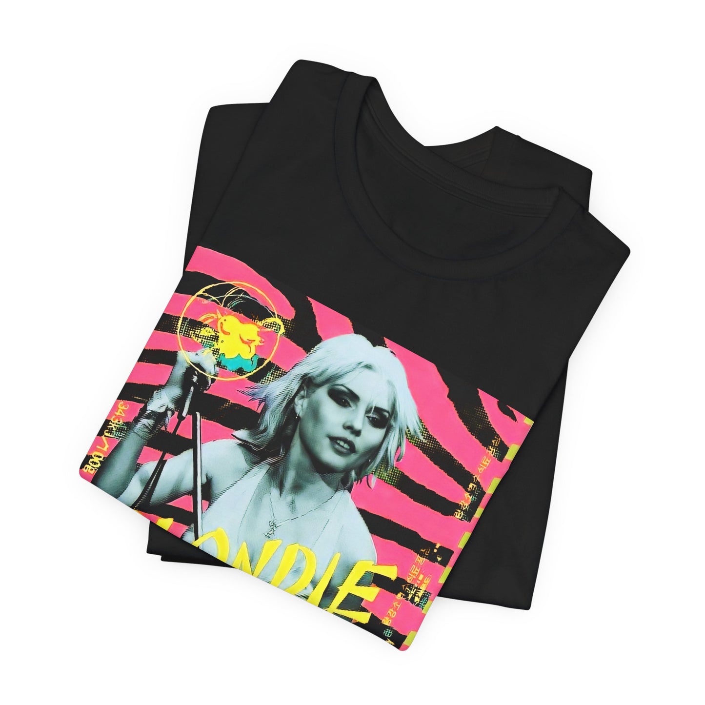 A black graphic t-shirt featuring a retro 70s pop art style graphic of Blondie.