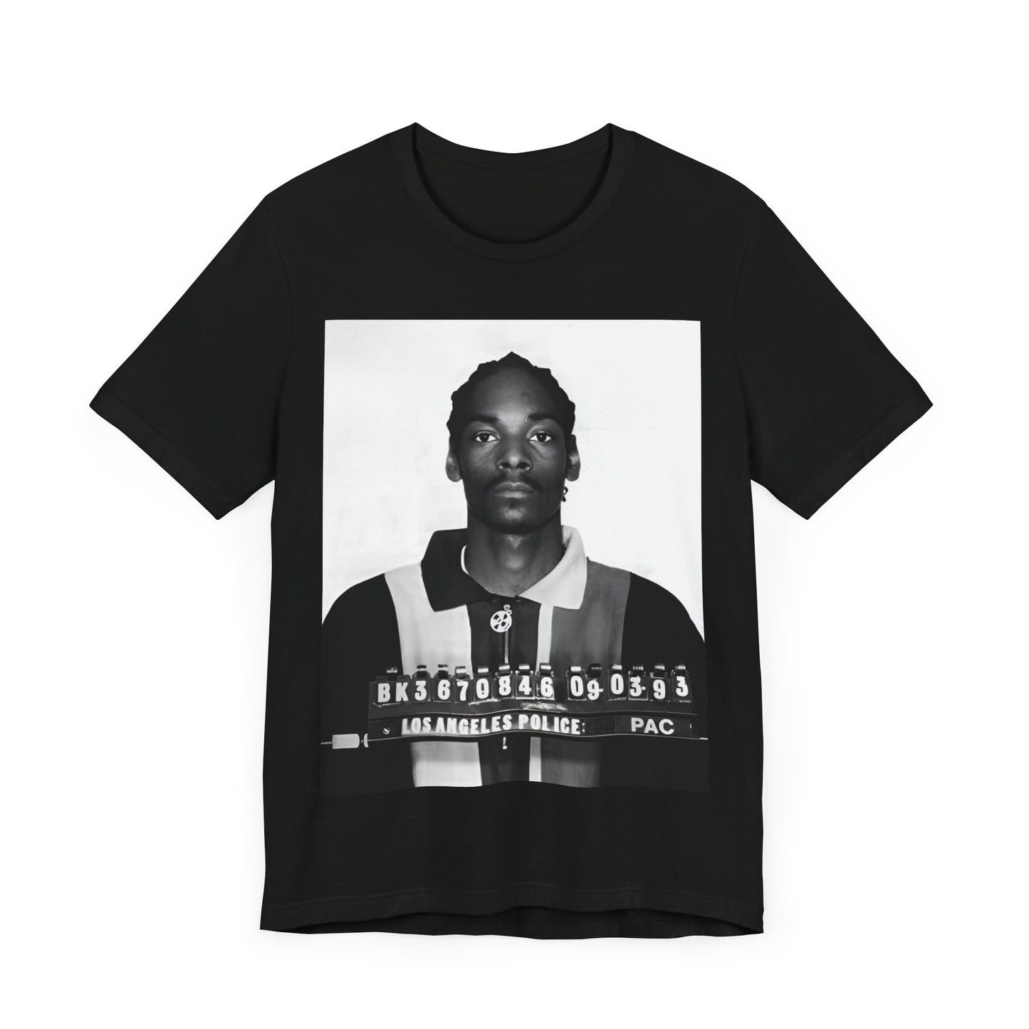 A black graphic t-shirt featuring a graphic of Snoop Dogg's mug shot.