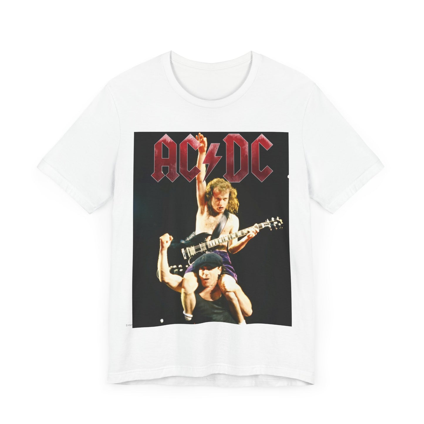 A black graphic t-shirt depicting AC/DC's Angus Young playing guitar while riding on the shoulders of Bon Scott, evocative of their "Highway to Hell" tour performances.