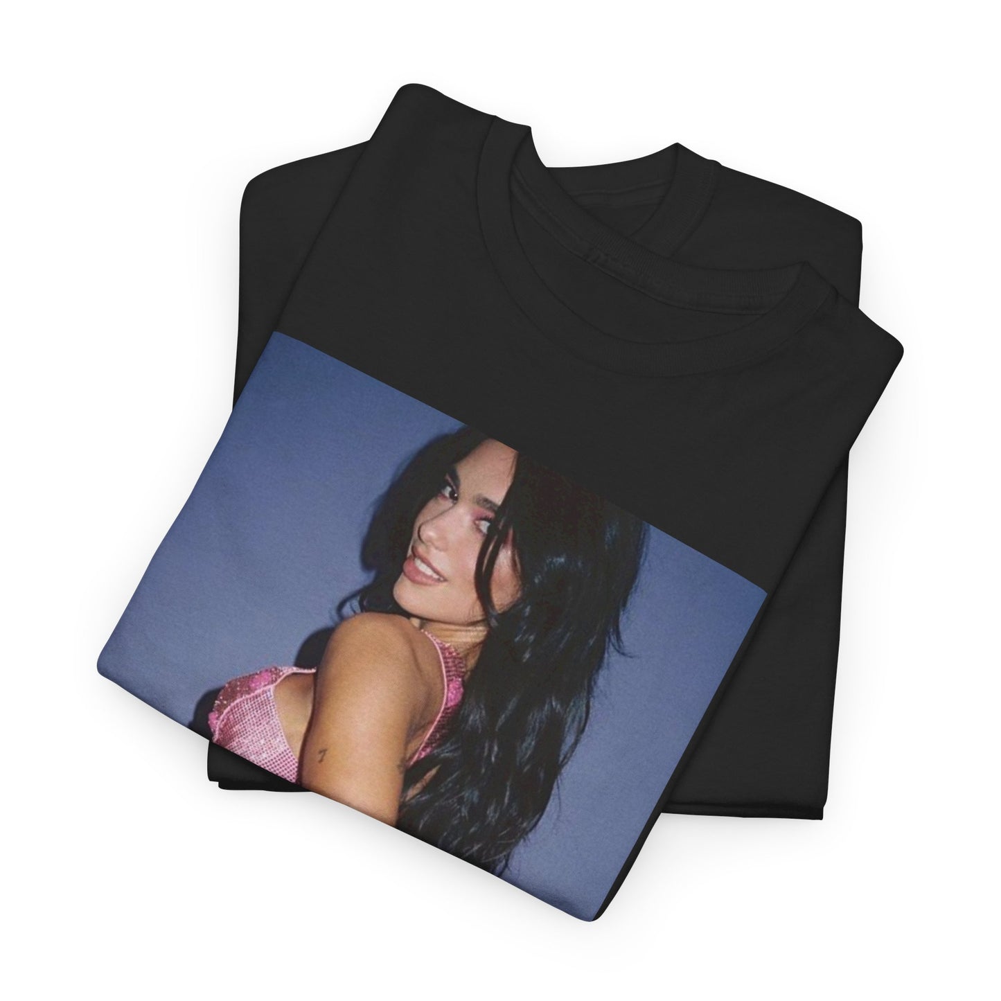 A black graphic t-shirt featuring a glamorous graphic of Dua Lipa, evoking her "Future Nostalgia" era.