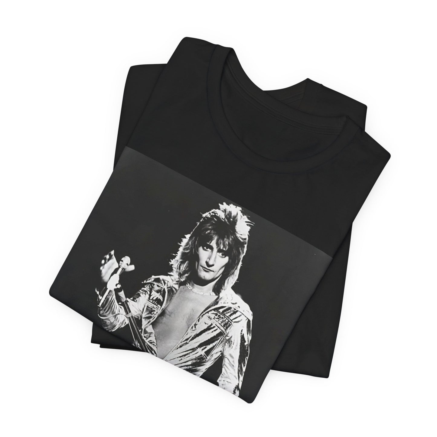A black graphic t-shirt featuring a 70s black and white monochrome graphic or photo of Rod Stewart.