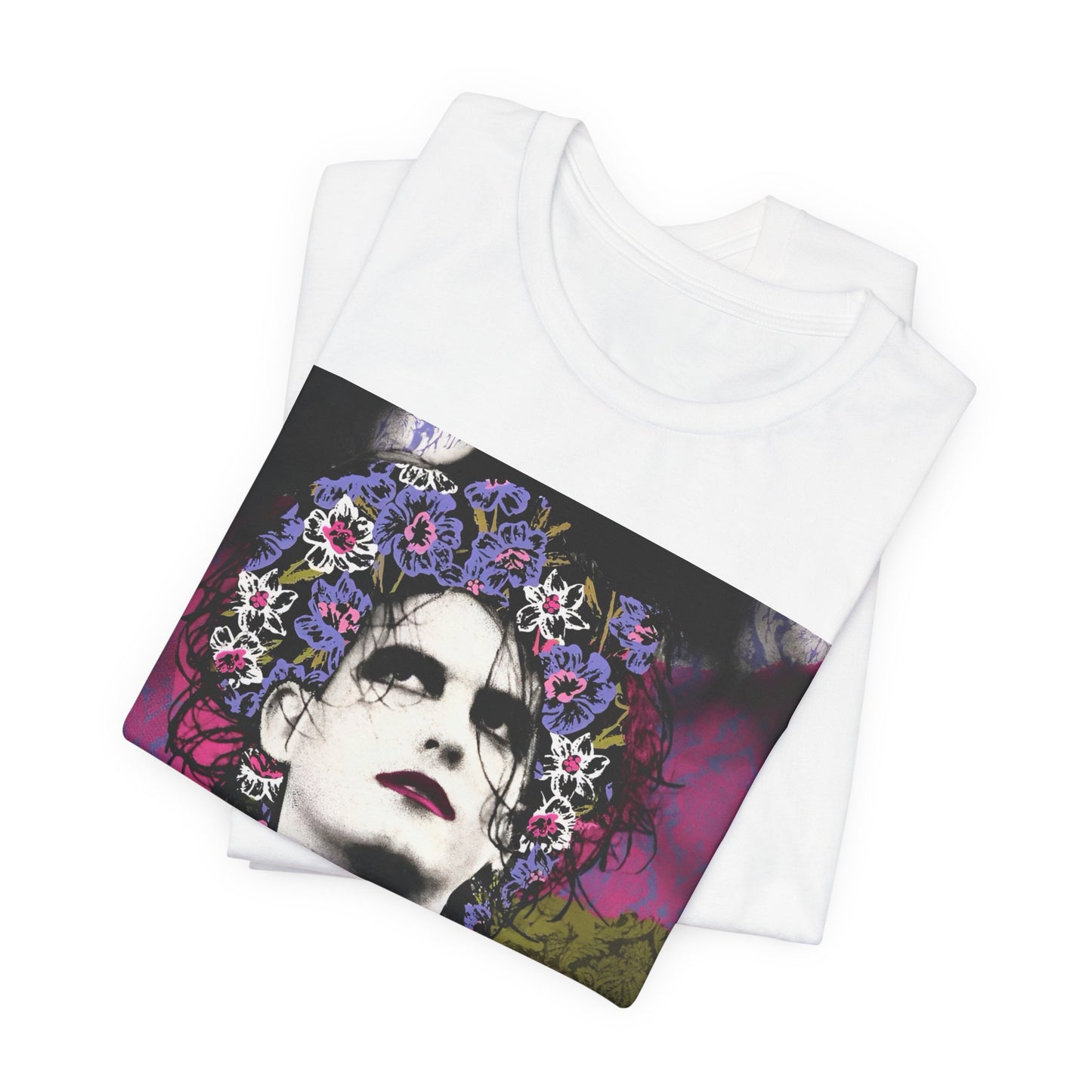 A black graphic t-shirt featuring a retro rock aesthetic pop art graphic of The Cure.