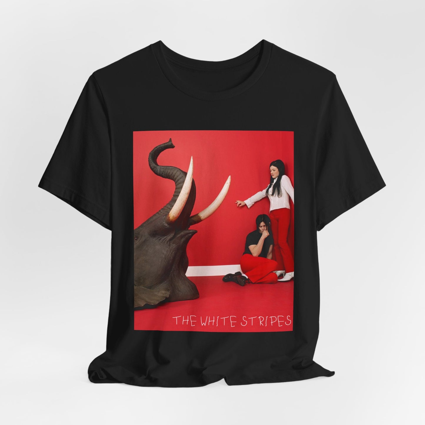 A black graphic t-shirt featuring a graphic related to The White Stripes' 'Elephant' album.