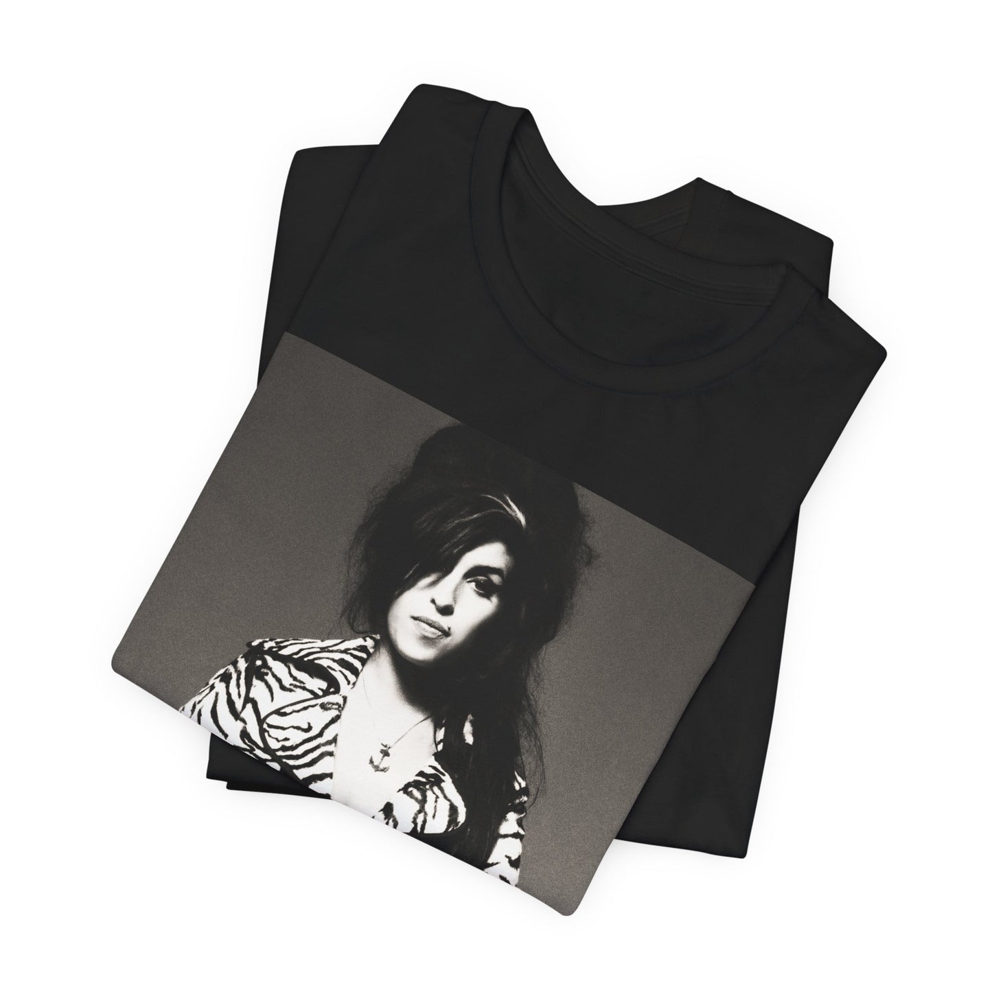 A black graphic t-shirt featuring a graphic related to Amy Winehouse's 'Back to Black' album era from 2006, possibly with album art elements.