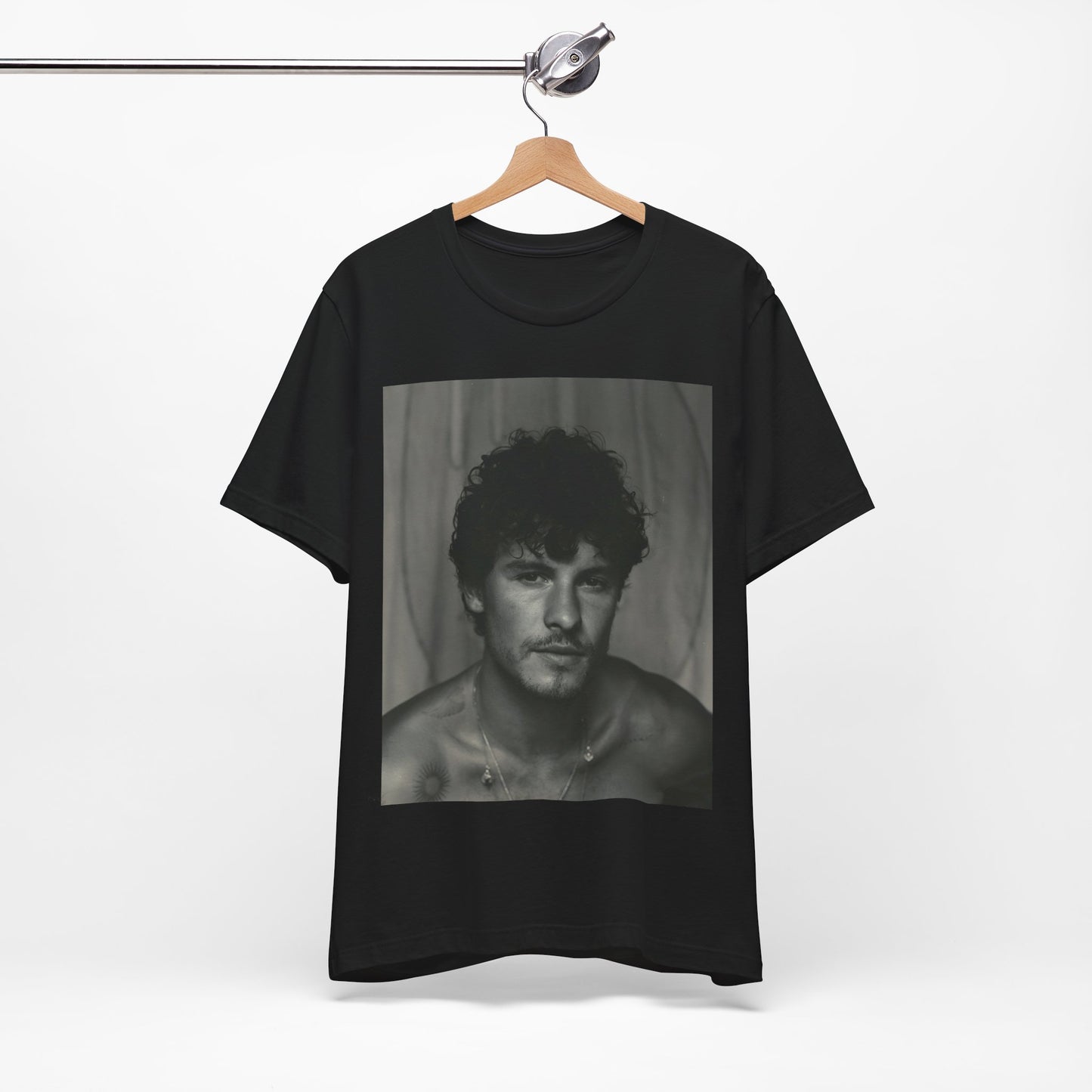 A black graphic t-shirt featuring a fearless portrait graphic of Shawn Mendes.