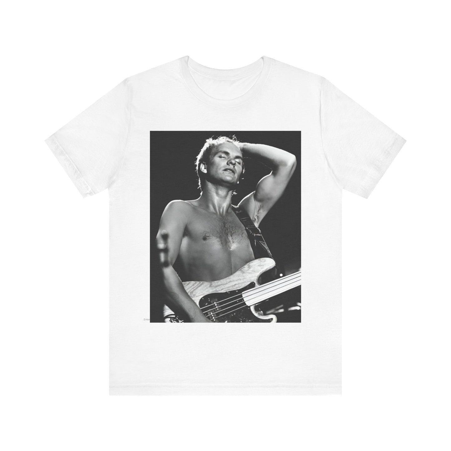 A black graphic t-shirt featuring a graphic or photo of Sting performing live on stage in 1983.