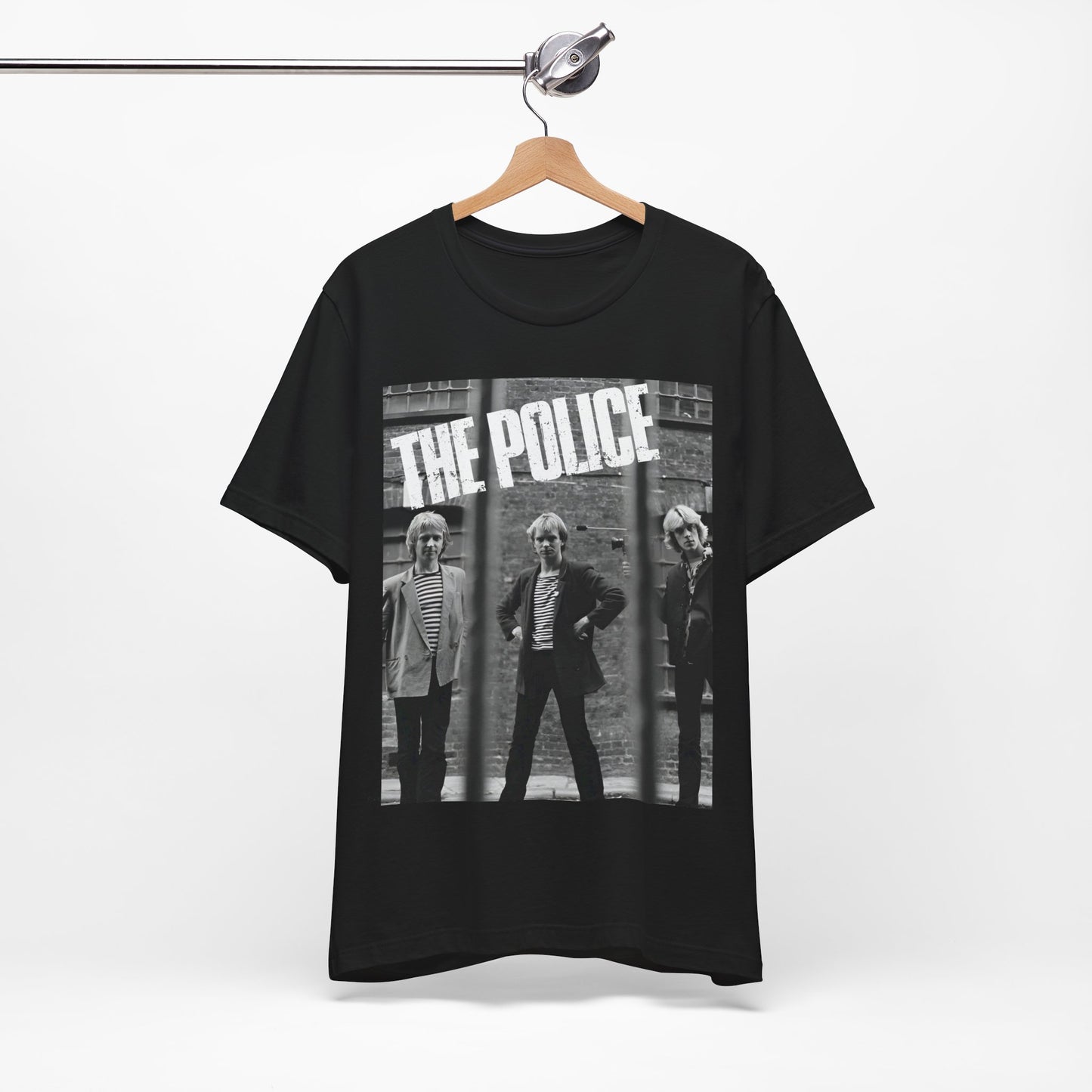 A black graphic t-shirt featuring a vintage new wave icon graphic of The Police.