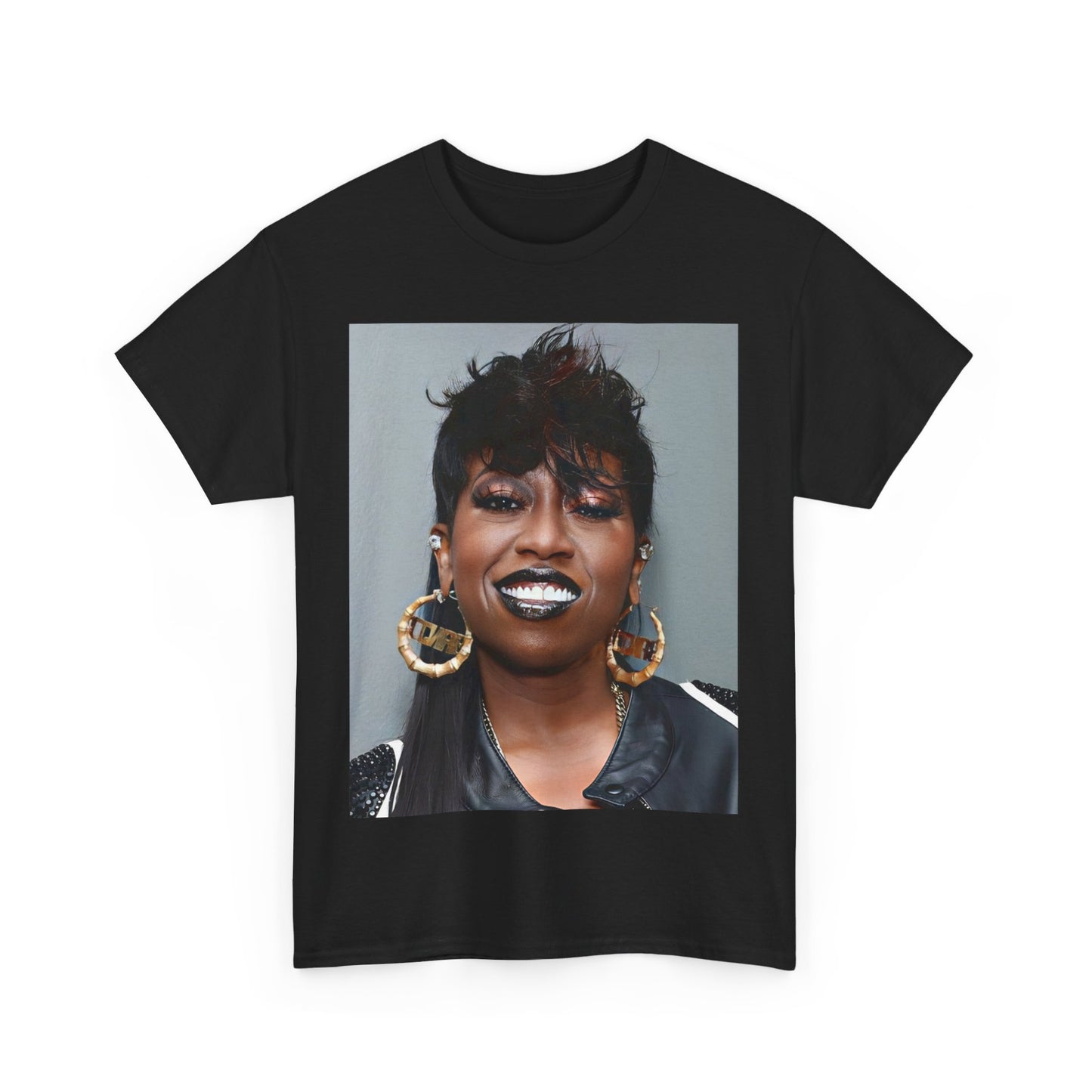 A black graphic t-shirt featuring a bold graphic of Missy Elliott as a rap superstar.