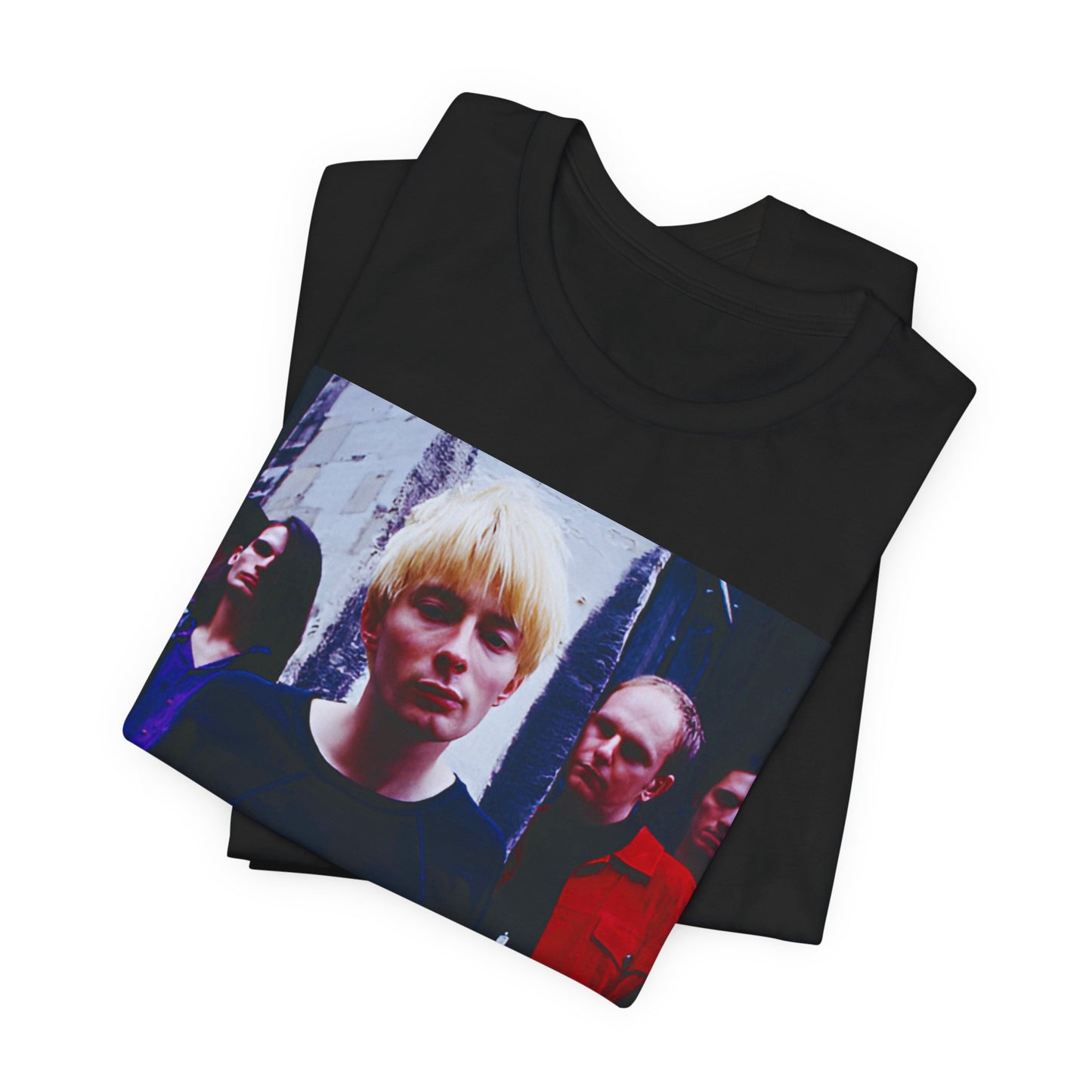 A black graphic t-shirt featuring a graphic of Radiohead as unapologetic art rock icons.