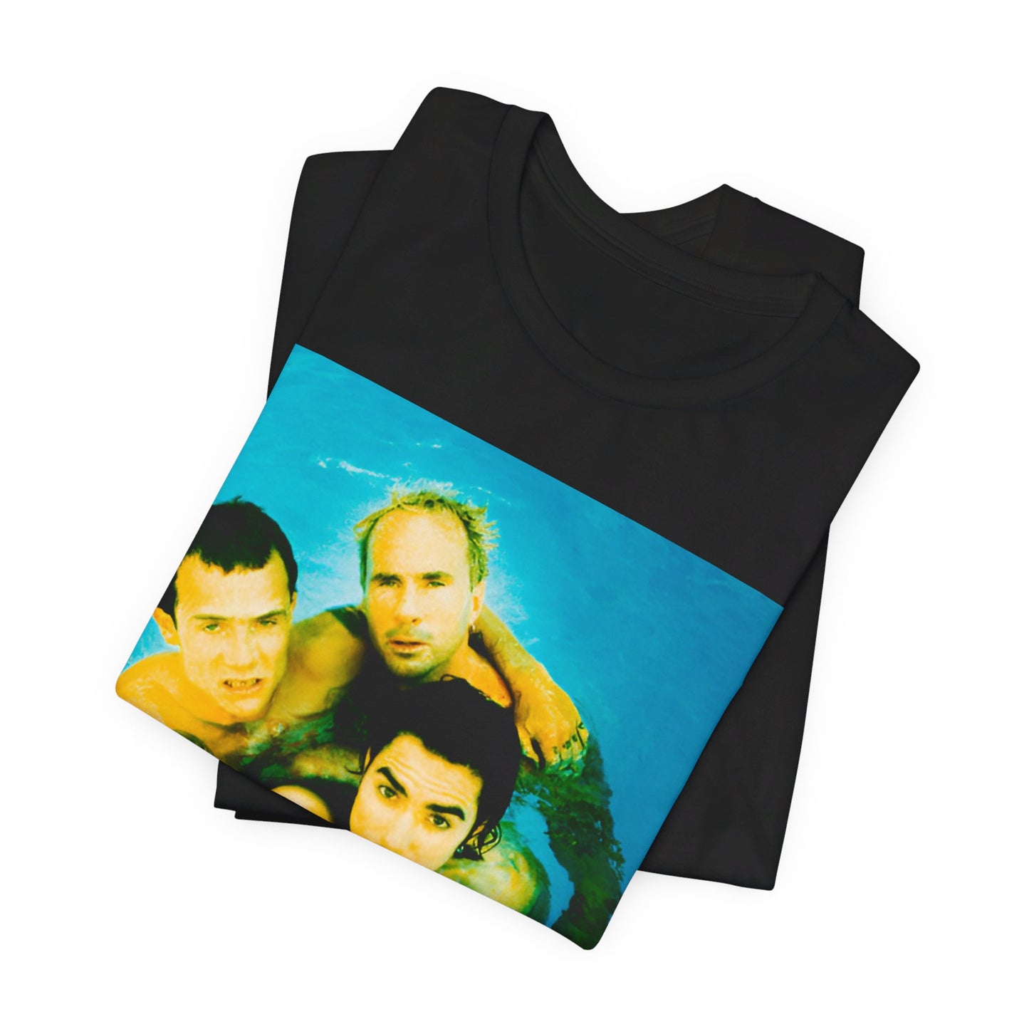 A black graphic t-shirt featuring a photo of Red Hot Chili Peppers band members by a pool.