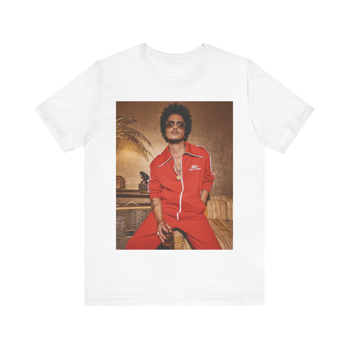 A black graphic t-shirt featuring a graphic of Bruno Mars related to funk and soul revival.