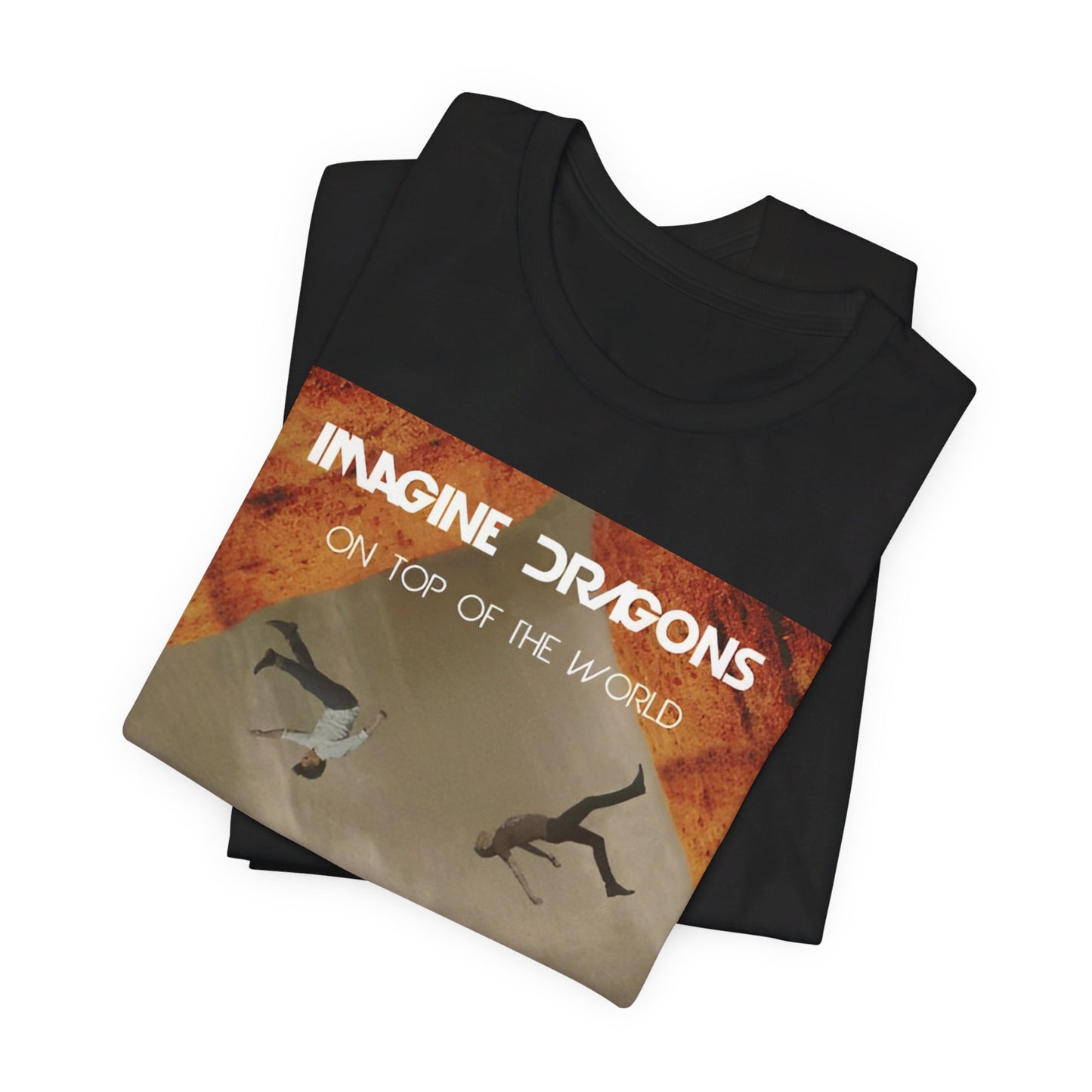 A black graphic t-shirt featuring a graphic related to Imagine Dragons' 'On Top of The World' song.