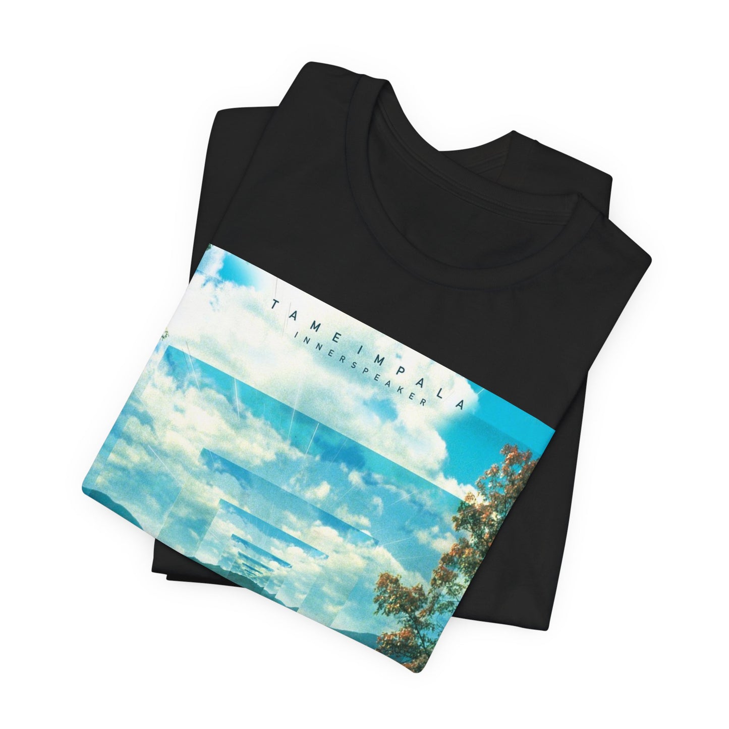 A black graphic t-shirt featuring a graphic related to Tame Impala's 'InnerSpeaker' album.