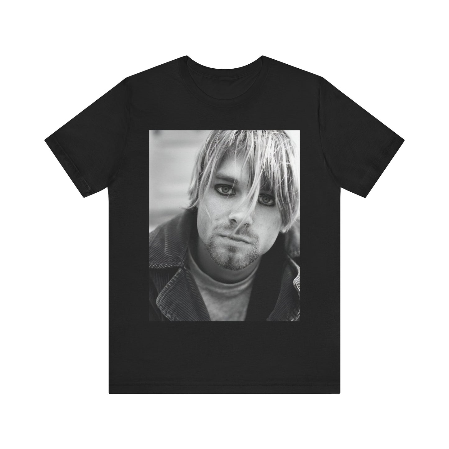 A black graphic t-shirt featuring a classic 90s alt rock graphic of Nirvana.