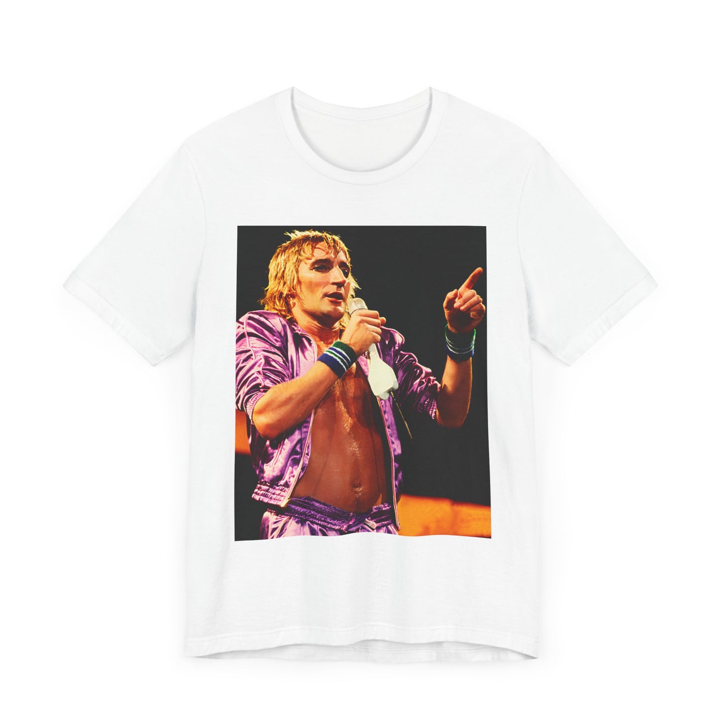 A black graphic t-shirt featuring a graphic of Rod Stewart with a chill 70s rock aesthetic.