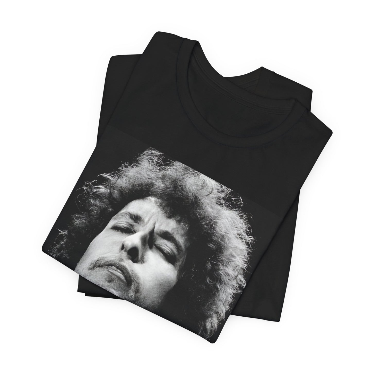 A black graphic t-shirt featuring a retro black and white graphic or photo of Bob Dylan performing live.