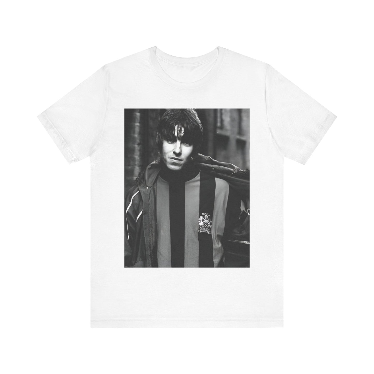 A black graphic t-shirt featuring a photo of Liam Gallagher from Oasis, showing his support for Manchester City.