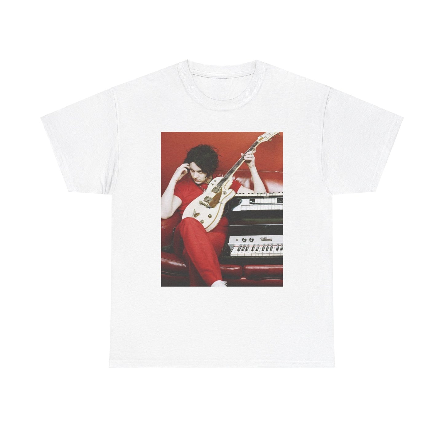 A black graphic t-shirt featuring a retro graphic of The White Stripes with a garage rock aesthetic.
