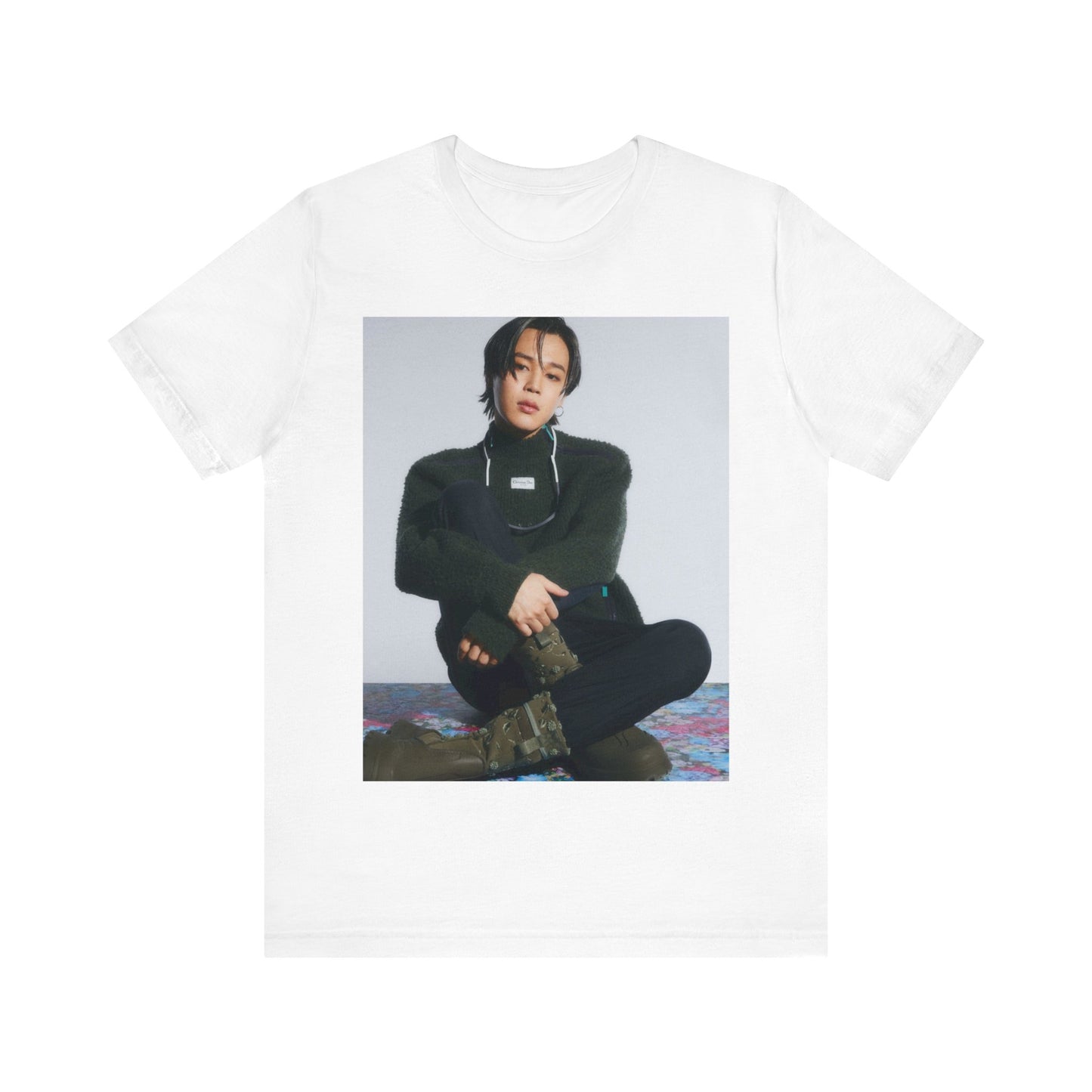 A black graphic t-shirt featuring a modern K-Pop essential graphic of Jimin.