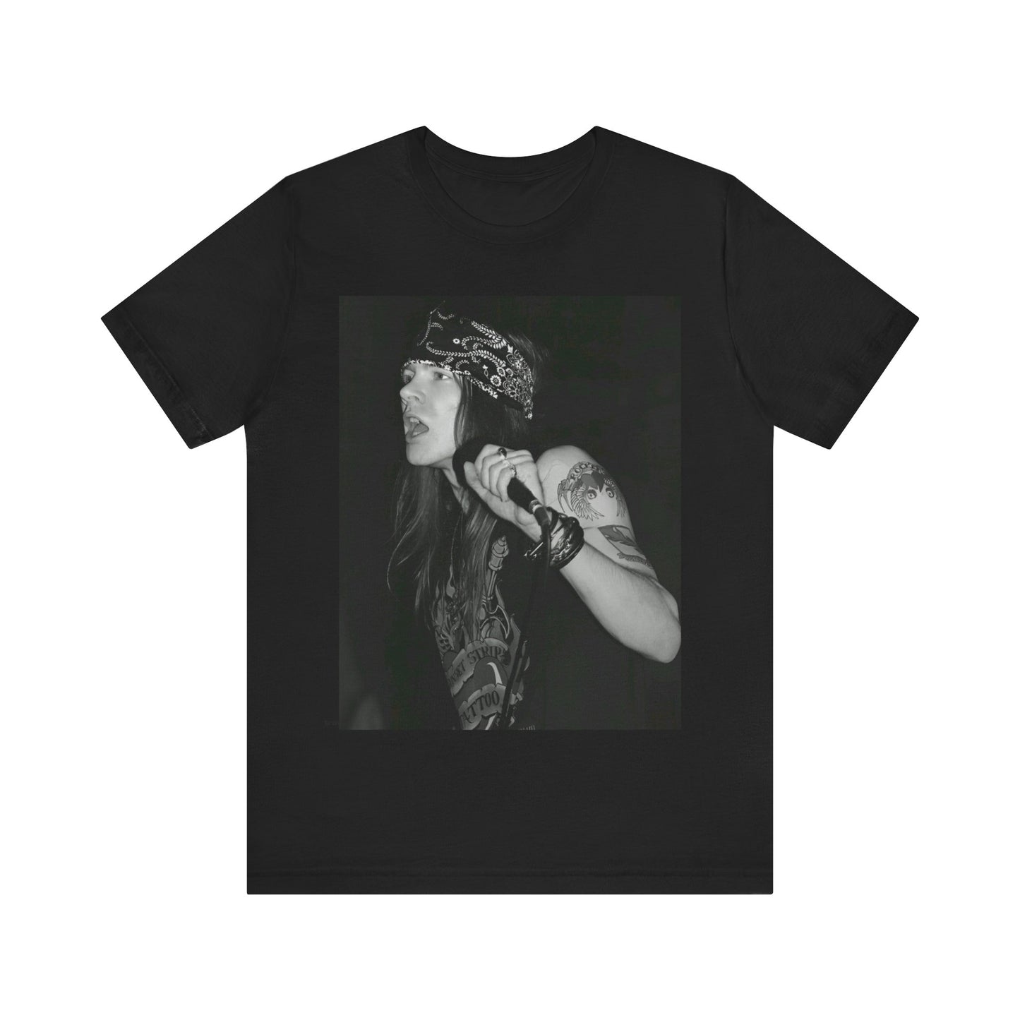 A black graphic t-shirt featuring a black and white portrait photo of the band Guns N' Roses.