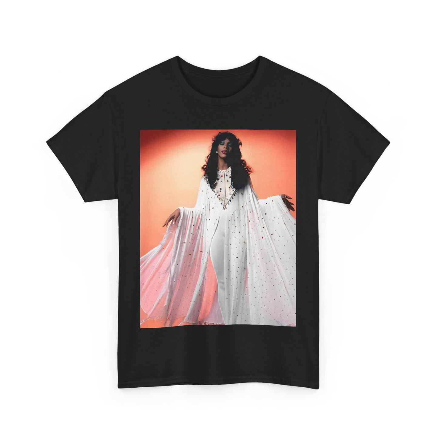 A black graphic t-shirt featuring a classic 70s disco graphic of Donna Summer.