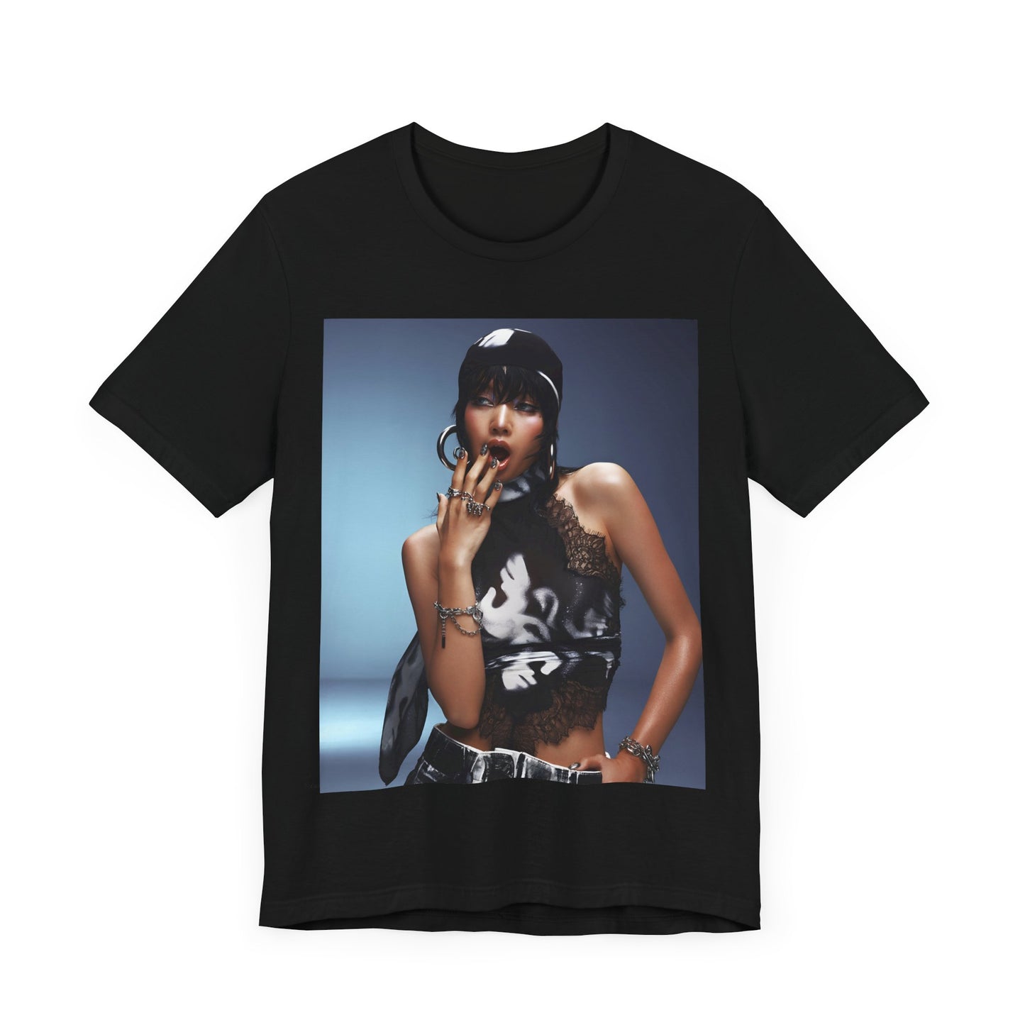 A black graphic t-shirt featuring a vintage K-Pop dance queen graphic of Lisa.