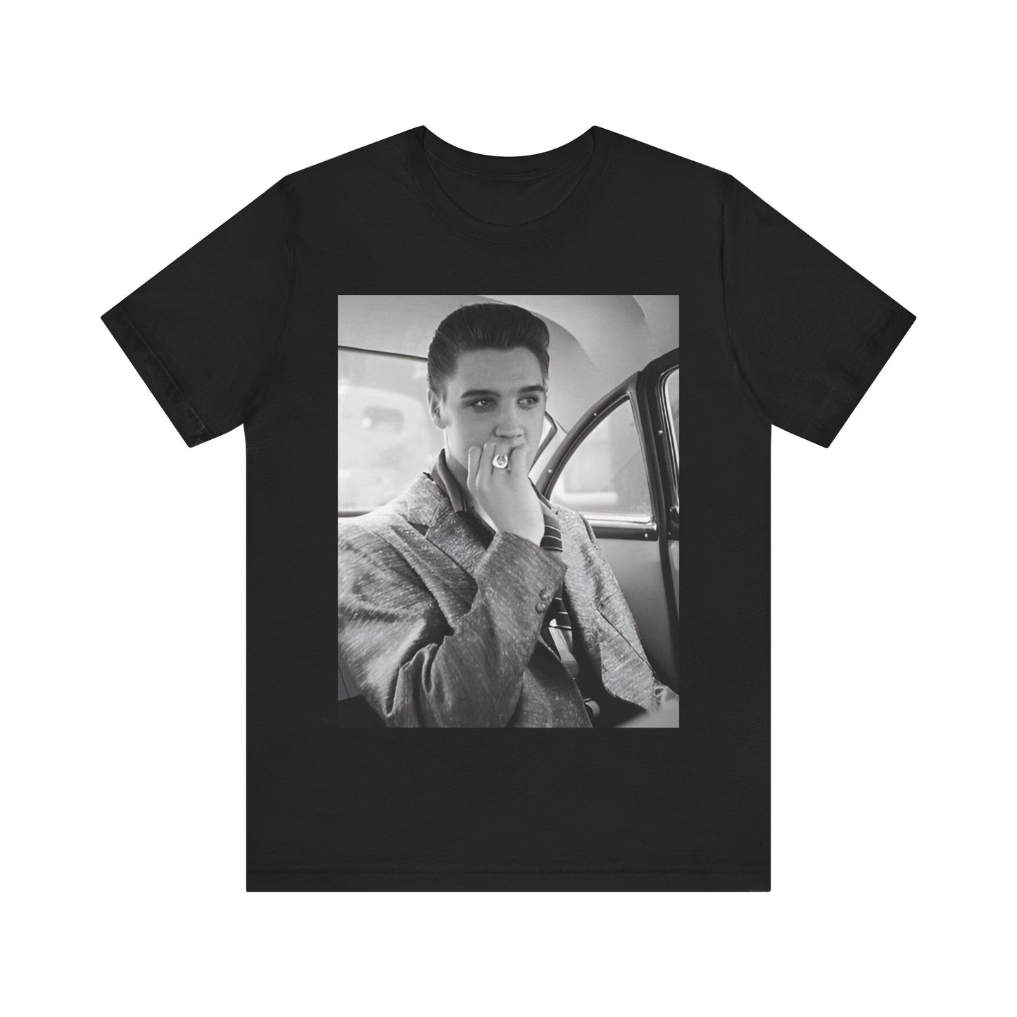 A black graphic t-shirt featuring a classic 50s era graphic of Elvis Presley.